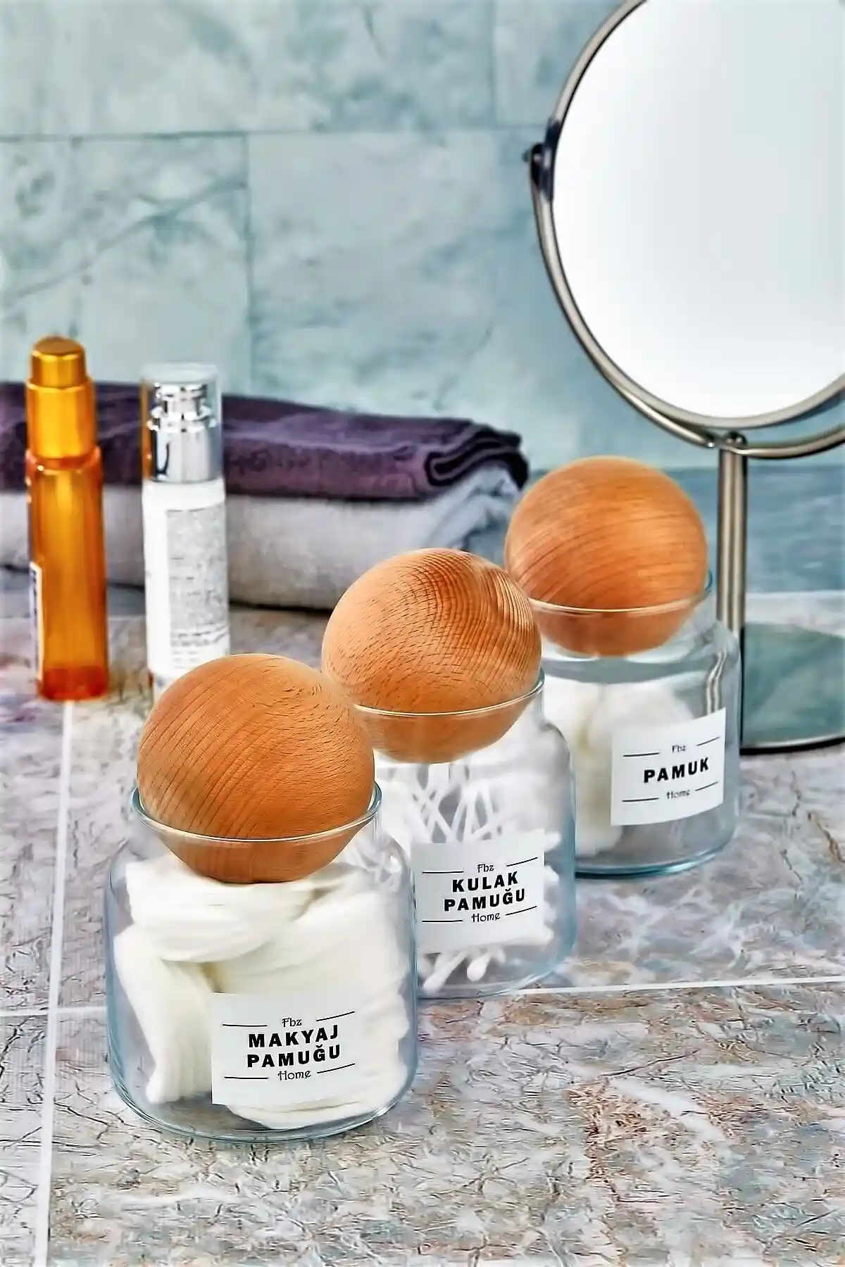 FBZhome 3'lü Top Kapaklı Kulak ve Makyaj Pamuğu Seti Estetik ve Pratik Saklama Çözümü