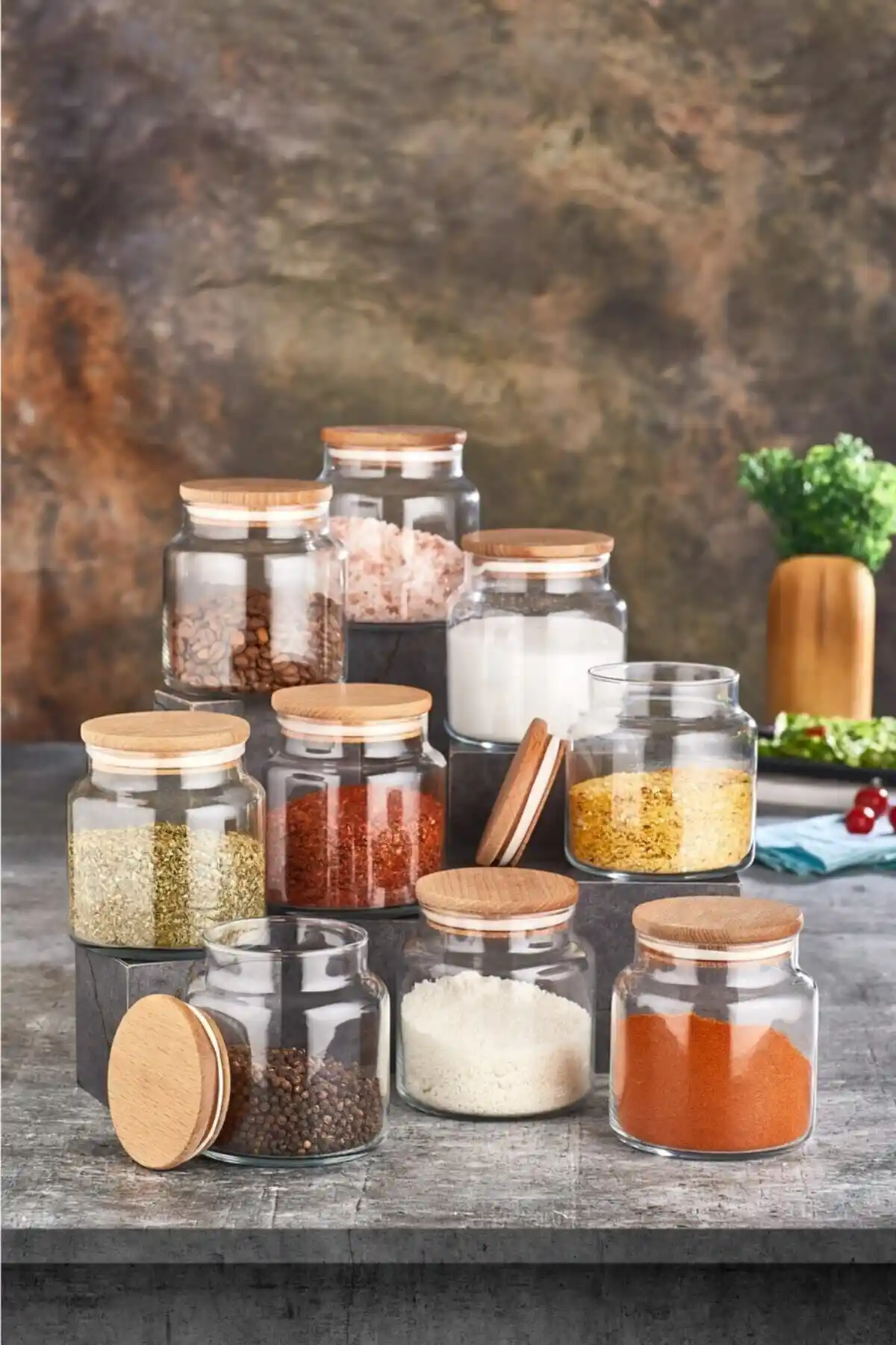 FBZhome 9 Parça Bambu Kapaklı Cam Baharat Kavanozu Seti Modern ve Şık Tasarım