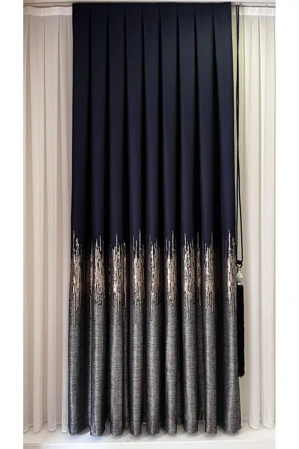 Fon Dünyası Lacivert Gri Pano Fon Perde Modern ve Şık Dekorasyon Unsuru