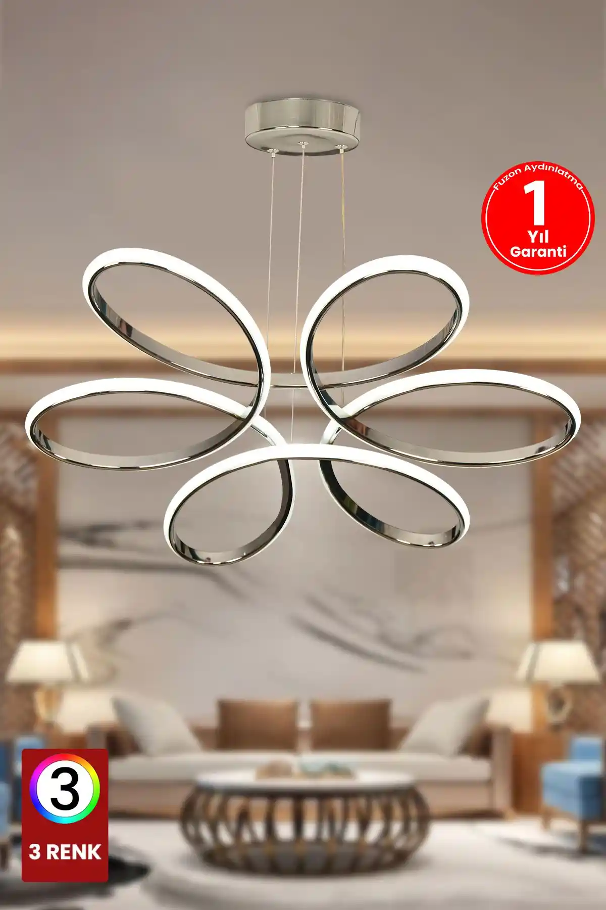 Fuzon 3 Renk Modern Krom Salon LED Avize Şık ve Fonksiyonel Tasarım