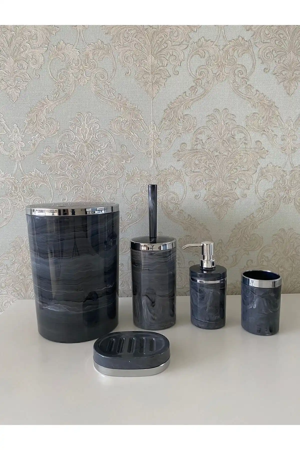 Genel Markalar 5 Parça Mermer Desen Gümüş Banyo Seti Modern ve Şık Tasarım