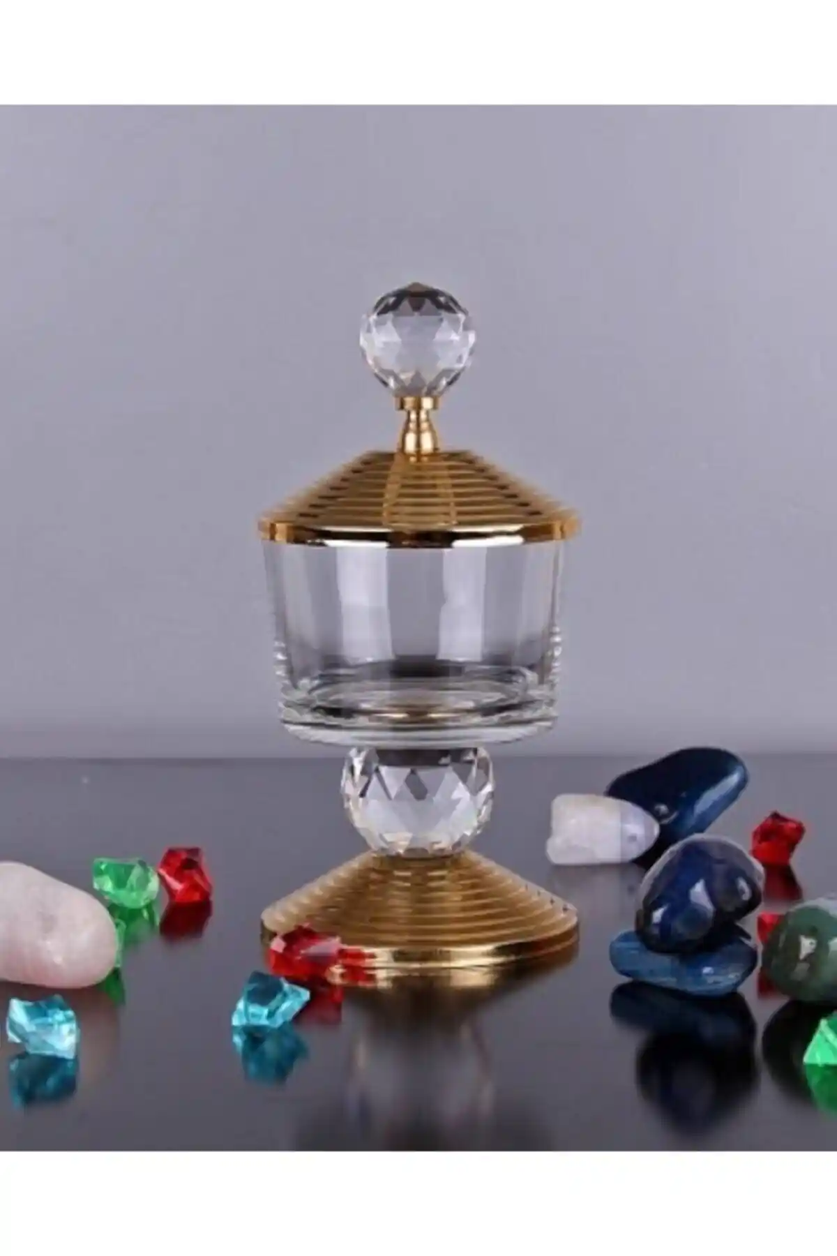 Genel Markalar Metal Kapaklı Kristal Taşlı Cam Gold Şekerlik Modern ve Şık Tasarım