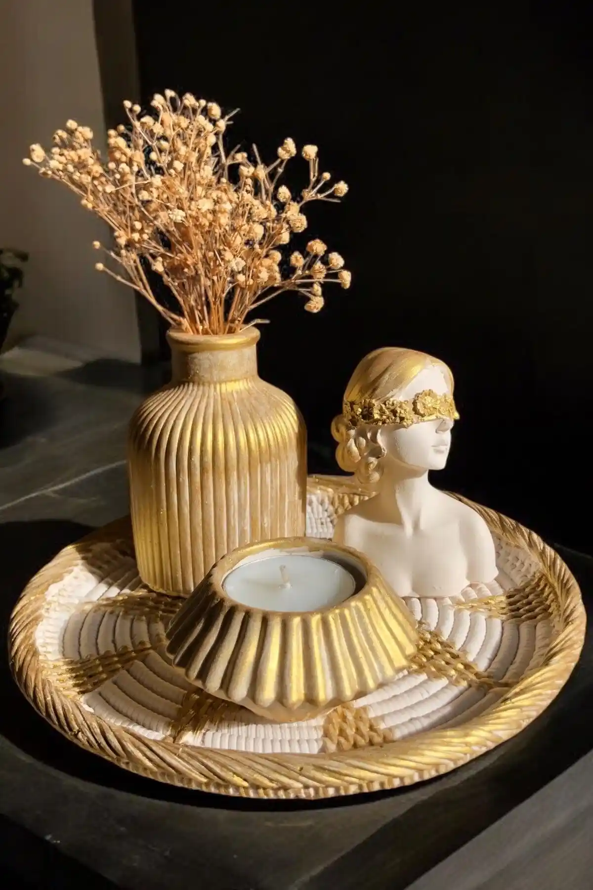 GIFTART Altın Hasır Görünümlü 5'li Beton Dekoratif Set Modern ve Şık Tasarım