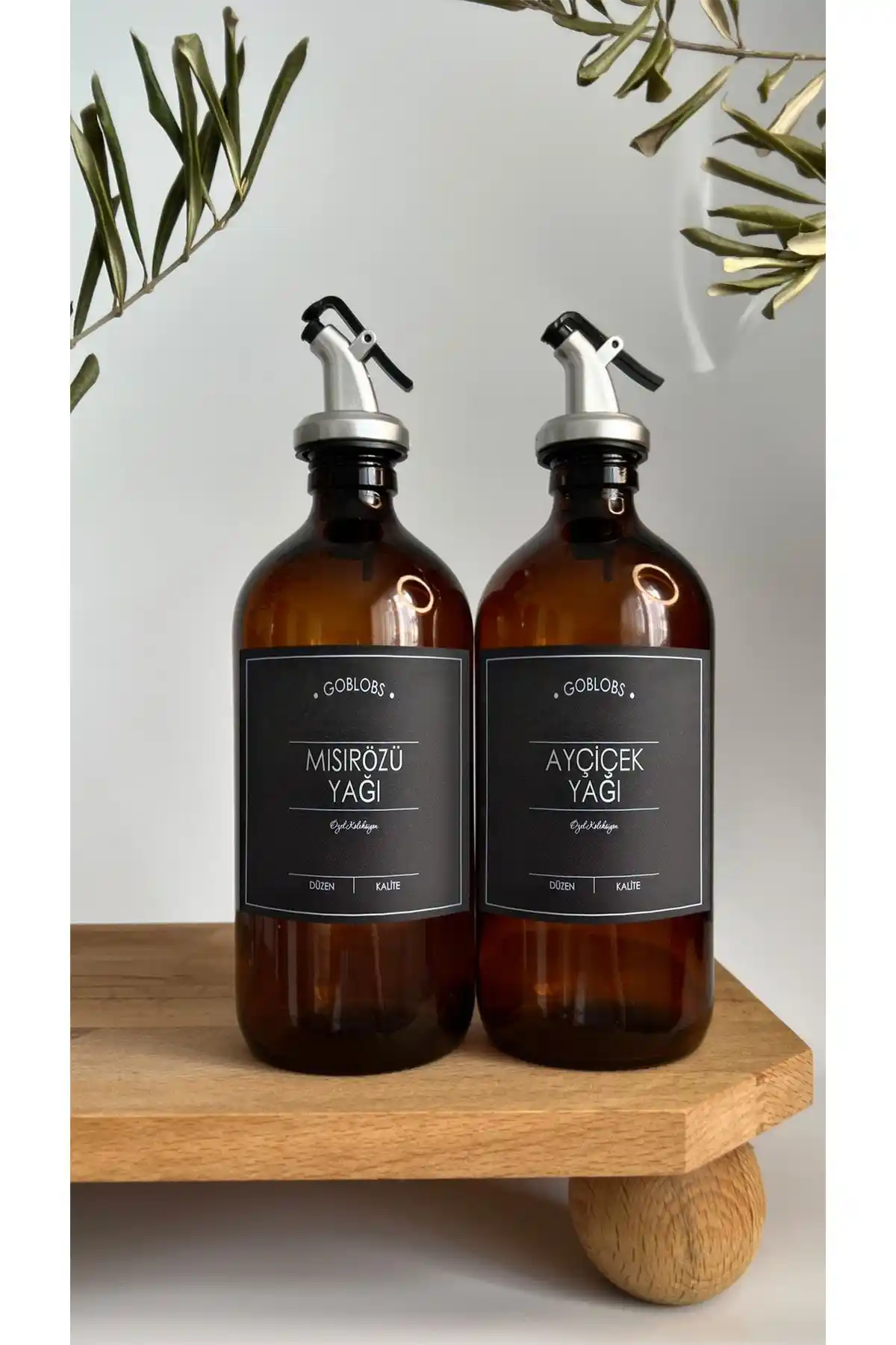 GO BLOBS Amber Cam Şişe Seti 2'li 500ml zeytinyağı ve ayçiçek yağı şişeleri