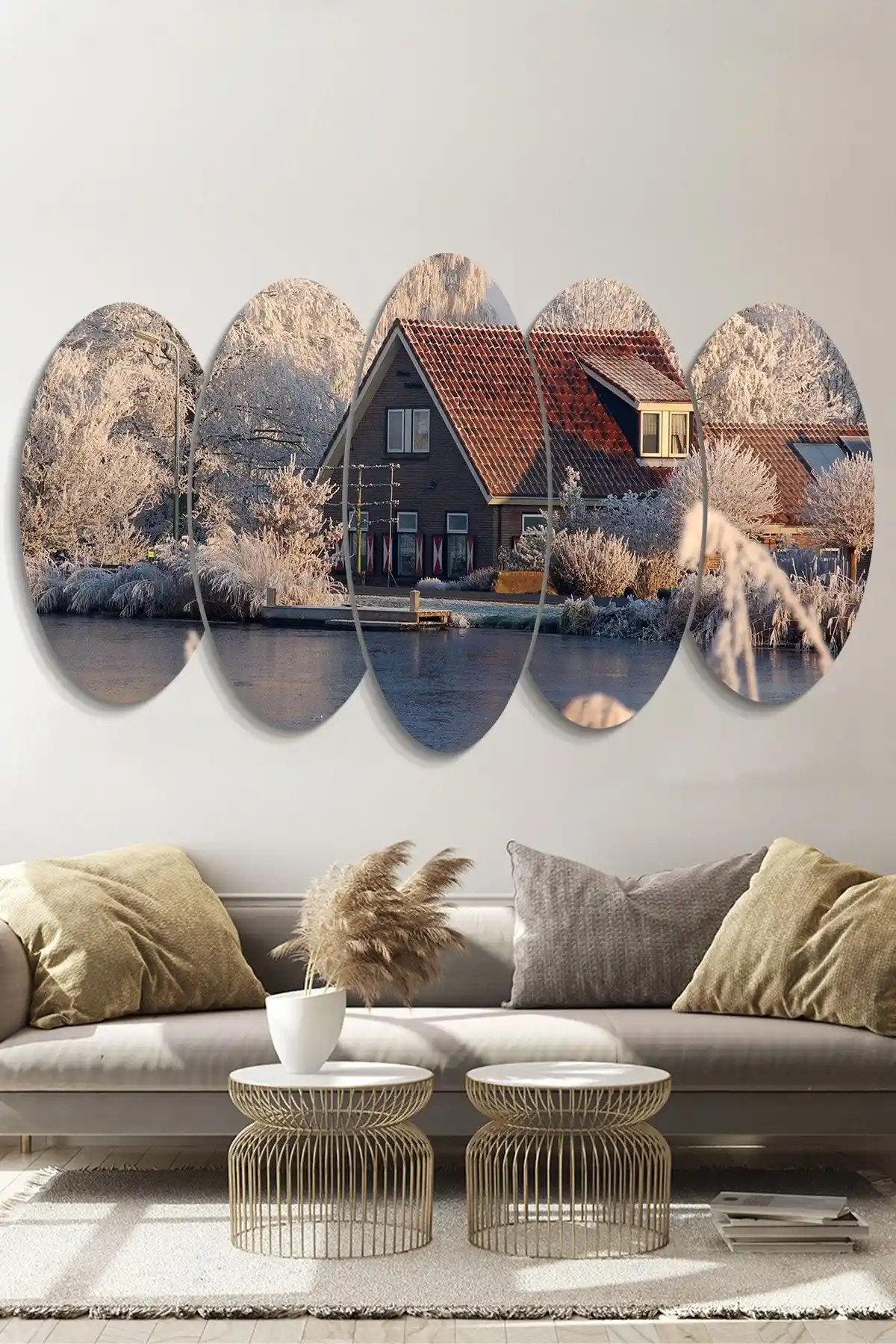 Göl Kenarında Ev 5 Parçalı MDF Tablo Doğal ve Modern İç Mekan Dekoru