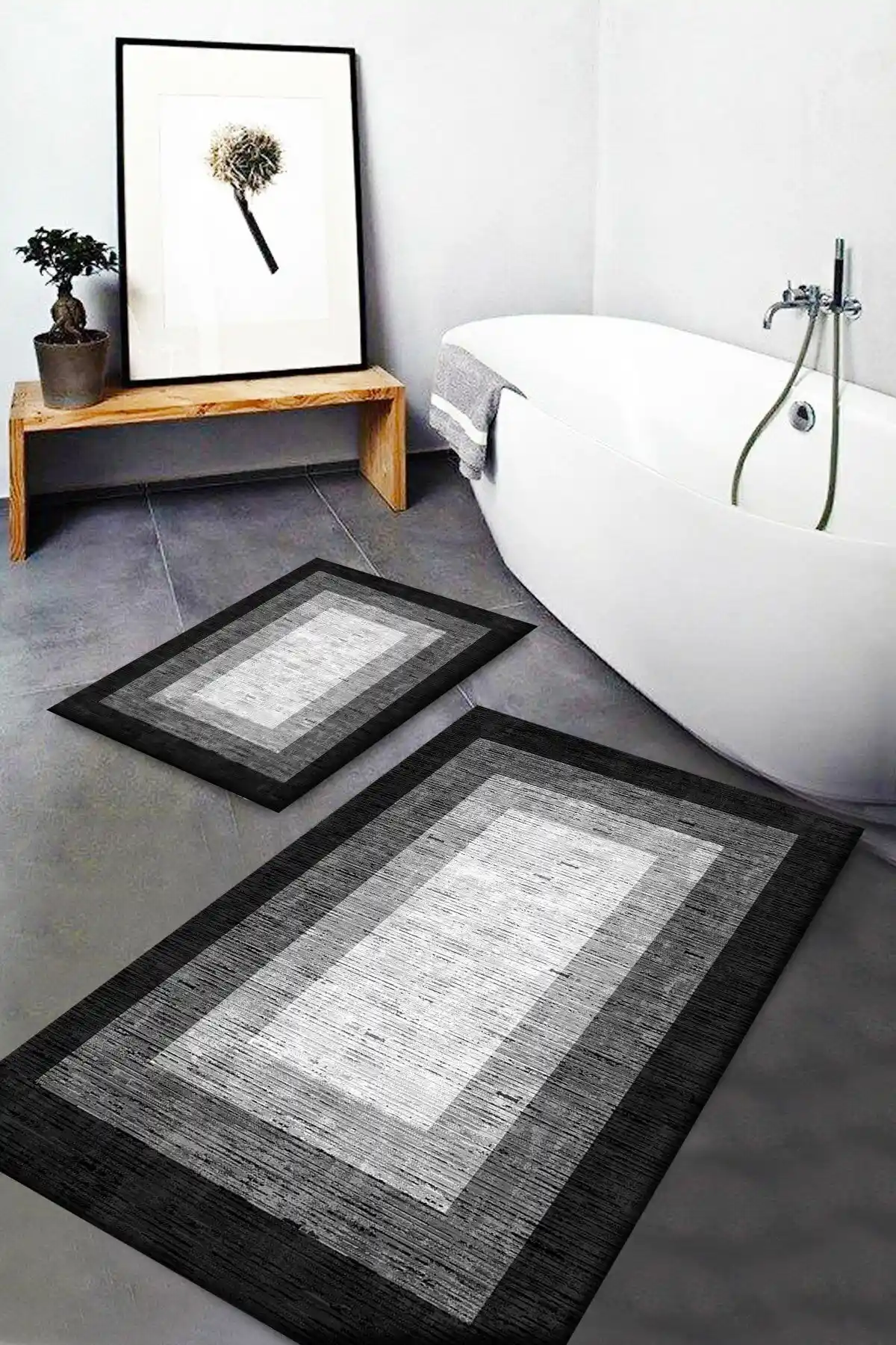 Gri Siyah Beyaz Desenli Kaymaz Yıkanabilir Banyo Paspası Takımı DTS-3