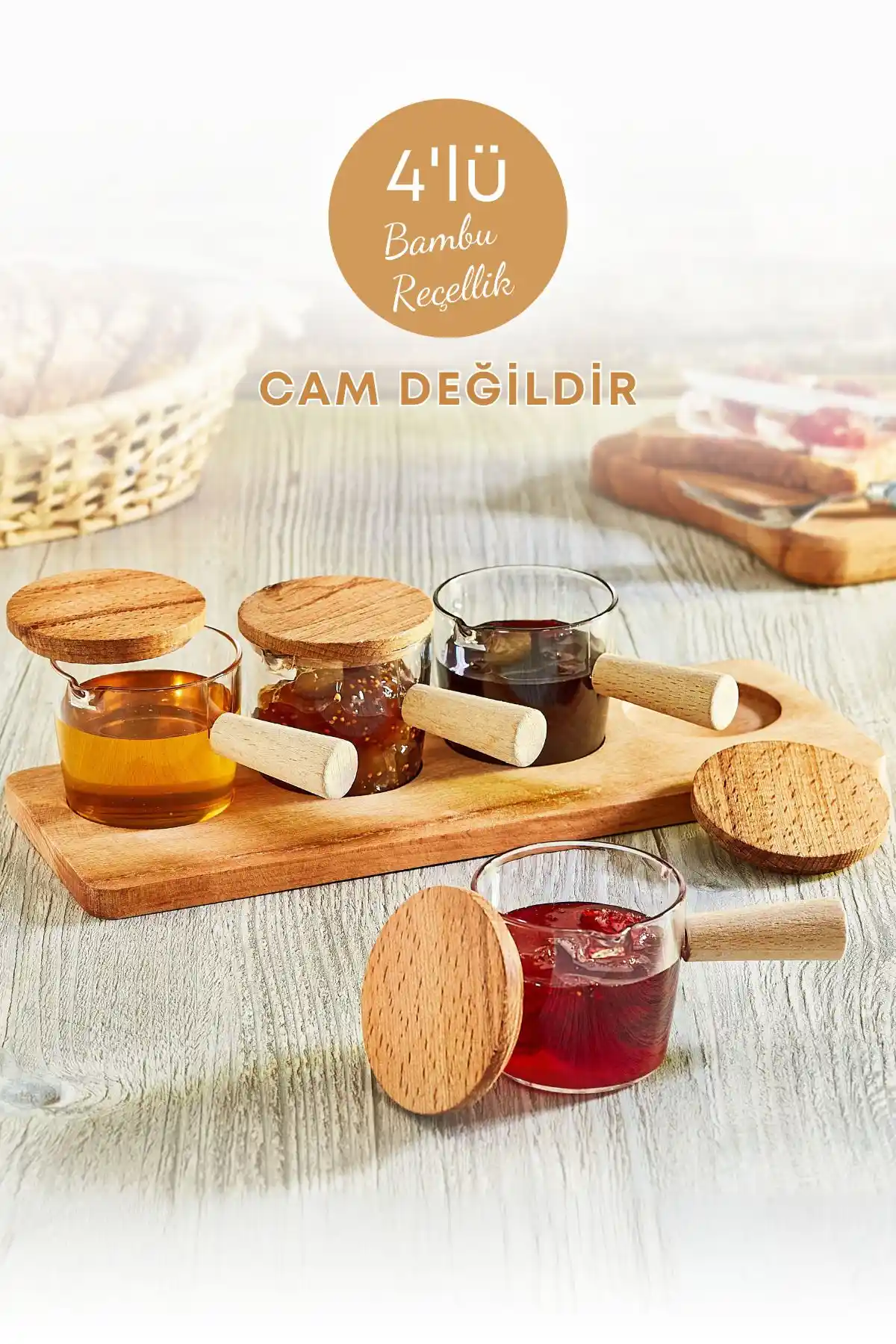 GRİMOR Life 4'lü Ahşap Standlı Bambu Saplı Mika Sosluk Seti Detayları