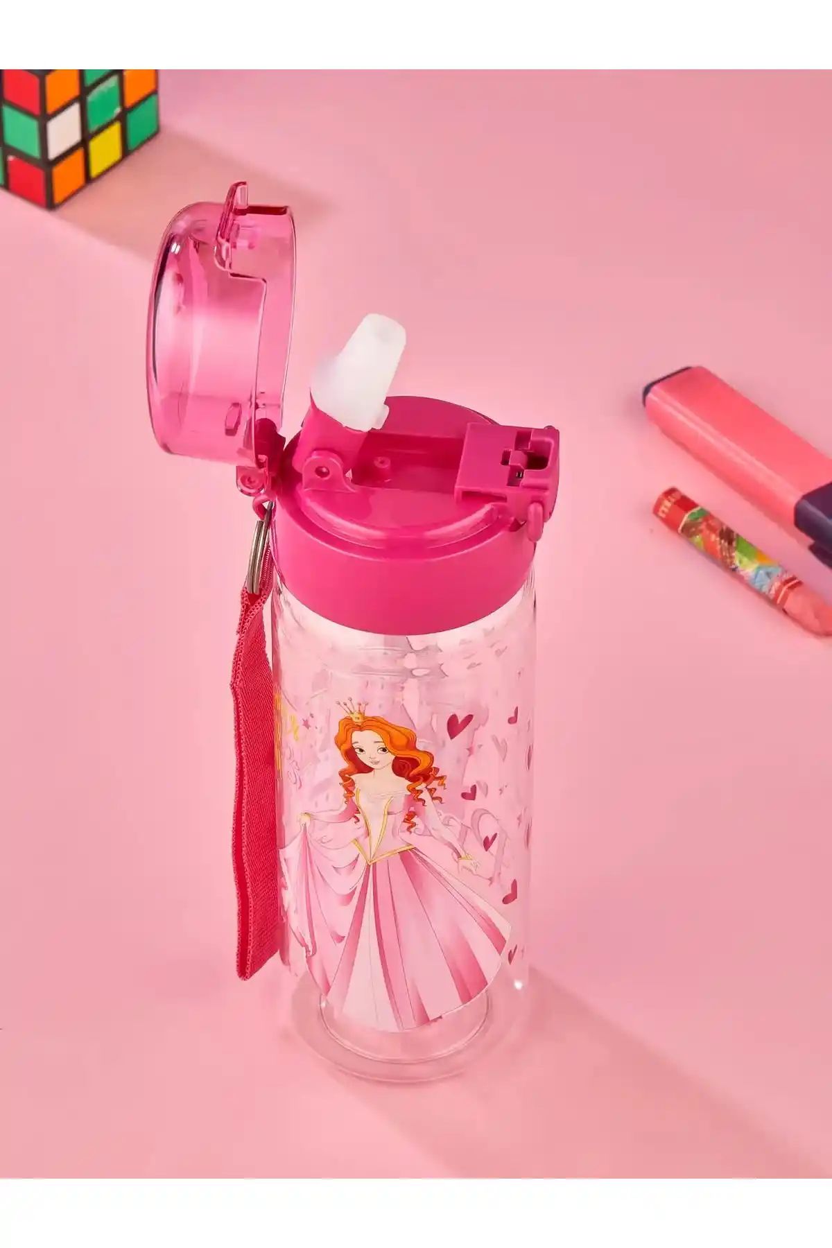 Güzelyüz AVM Solo Pipetli Matara 500ml Fuşya Prenses Modeli Günlük Kullanım için