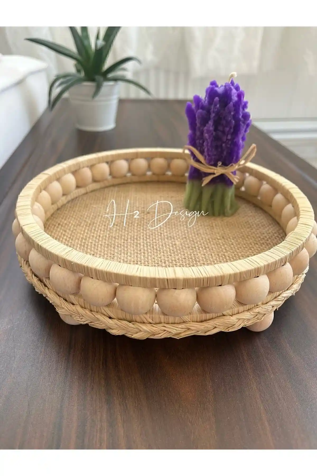 H2 Design Ahşap Boncuklu Doğal Rafya Hasır Tepsi Sepet – Şık ve Dayanıklı Ev Dekorasyonu