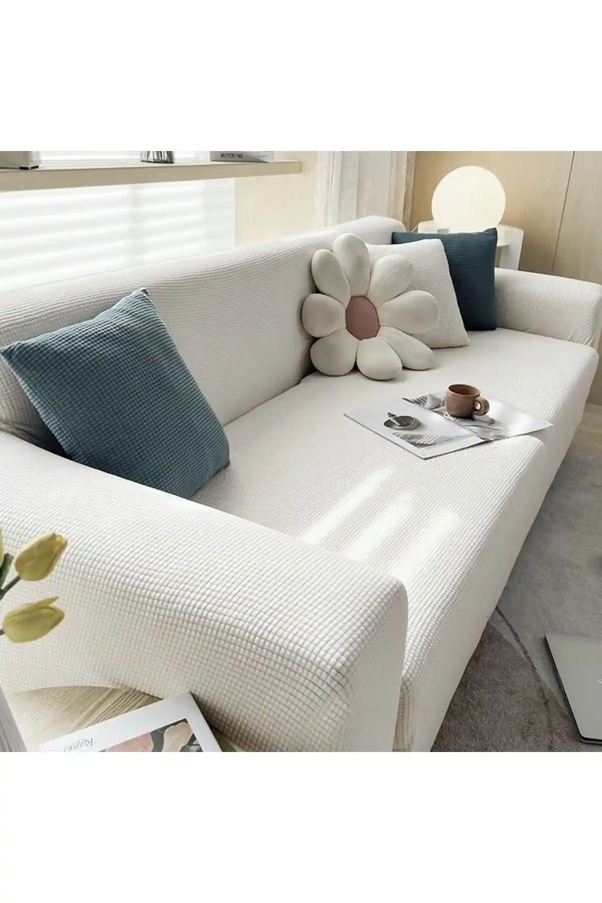 HaNemCe Likrali Üç Kişilik Koltuk İçin Yıkanabilir Esnek Kare Desenli Örtü