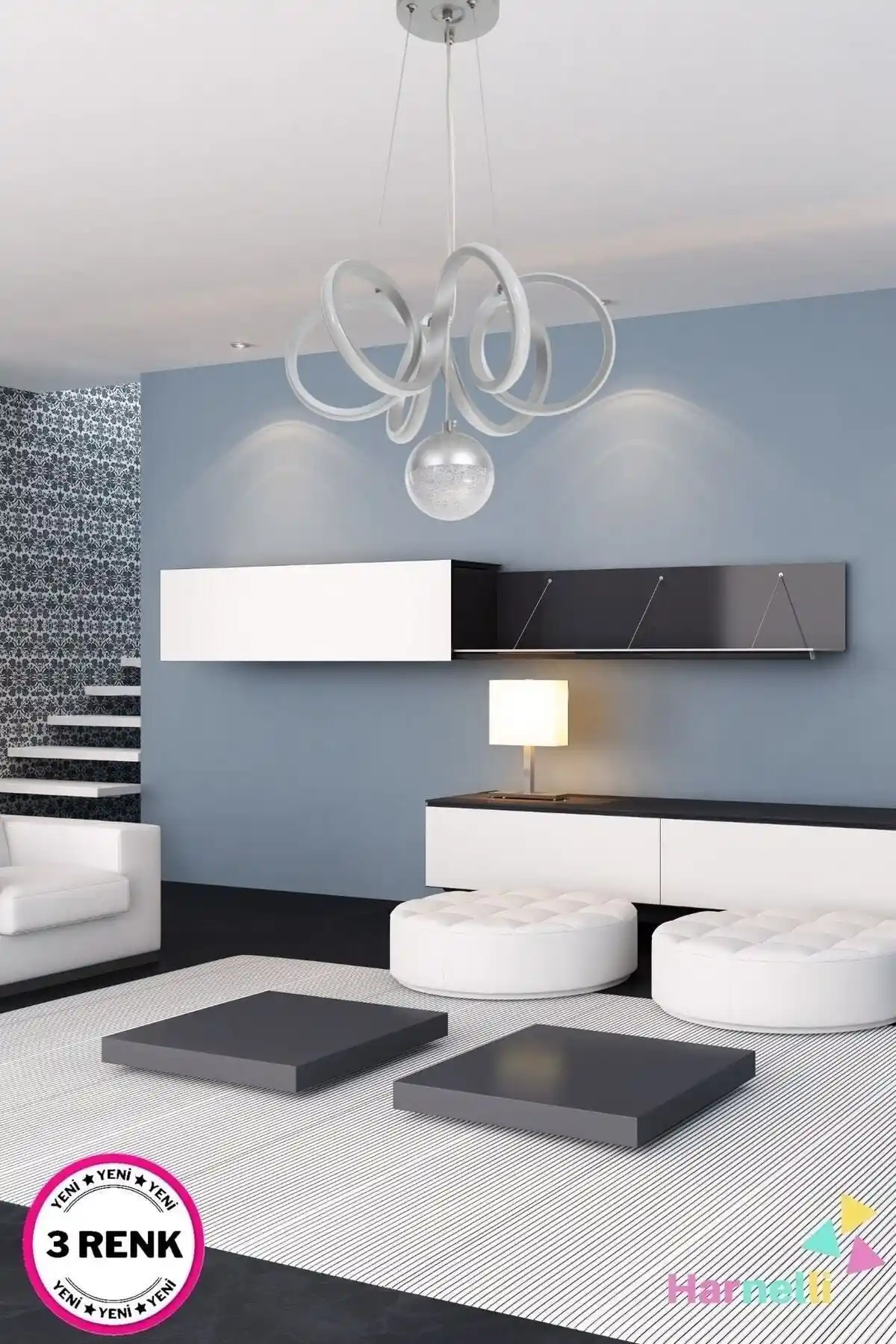 Harnelli Gri Kasa 3 Renk Yanabilen Şeker Camlı Modern LEDli Avize Özellikleri ve Kullanım Alanları