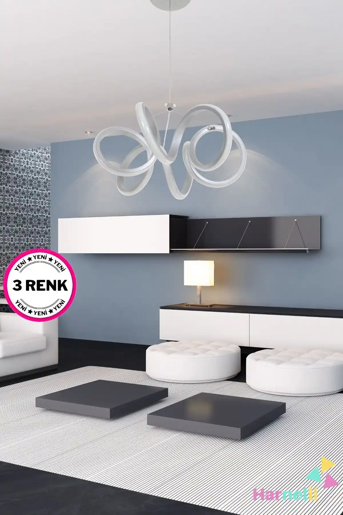 Harnelli Gri Kasa 30 Cm Çaplı Yanabilen LEDli Modern Avize, Çok Fonksiyonlu ve Şık Tasarım