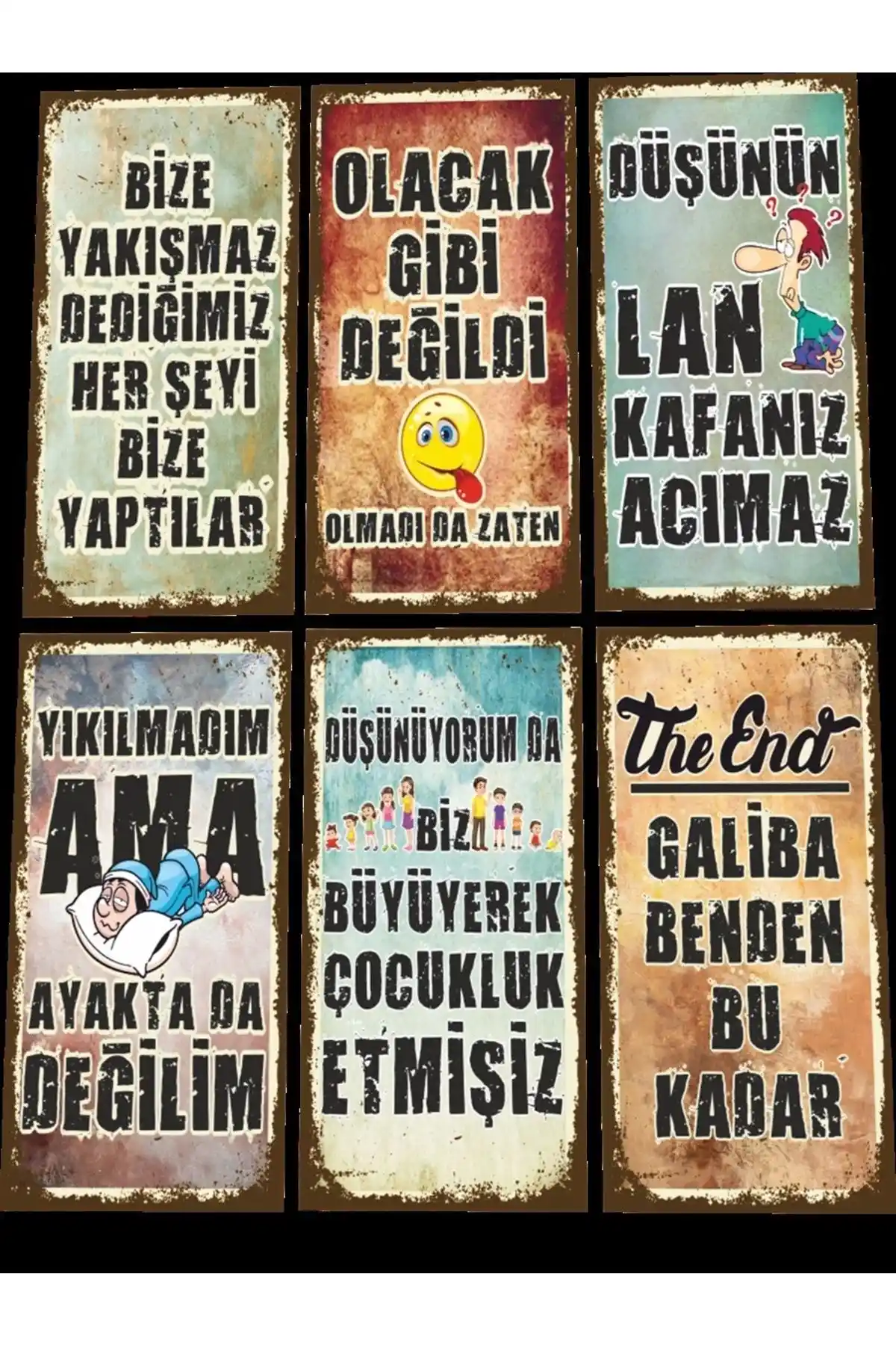 Hayat Poster Komik Duvar Yazılar Seti Retro Ahşap Mini Dekorasyon 6'lı