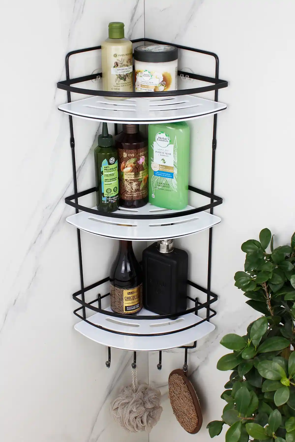 HİMYHOME Kristal Raflı Paslanmaz Siyah Lamalı Üçlü Şampuanlık Modern ve Dayanıklı Tasarım