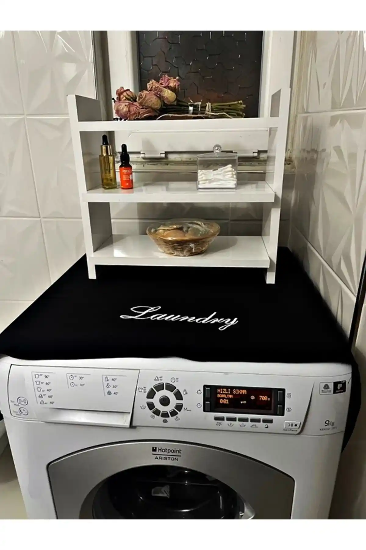 HOKTIC Laundry Nakışlı Siyah Çamaşır Makinesi Örtüsü, Şık ve Dayanıklı Tasarım Özellikleriyle