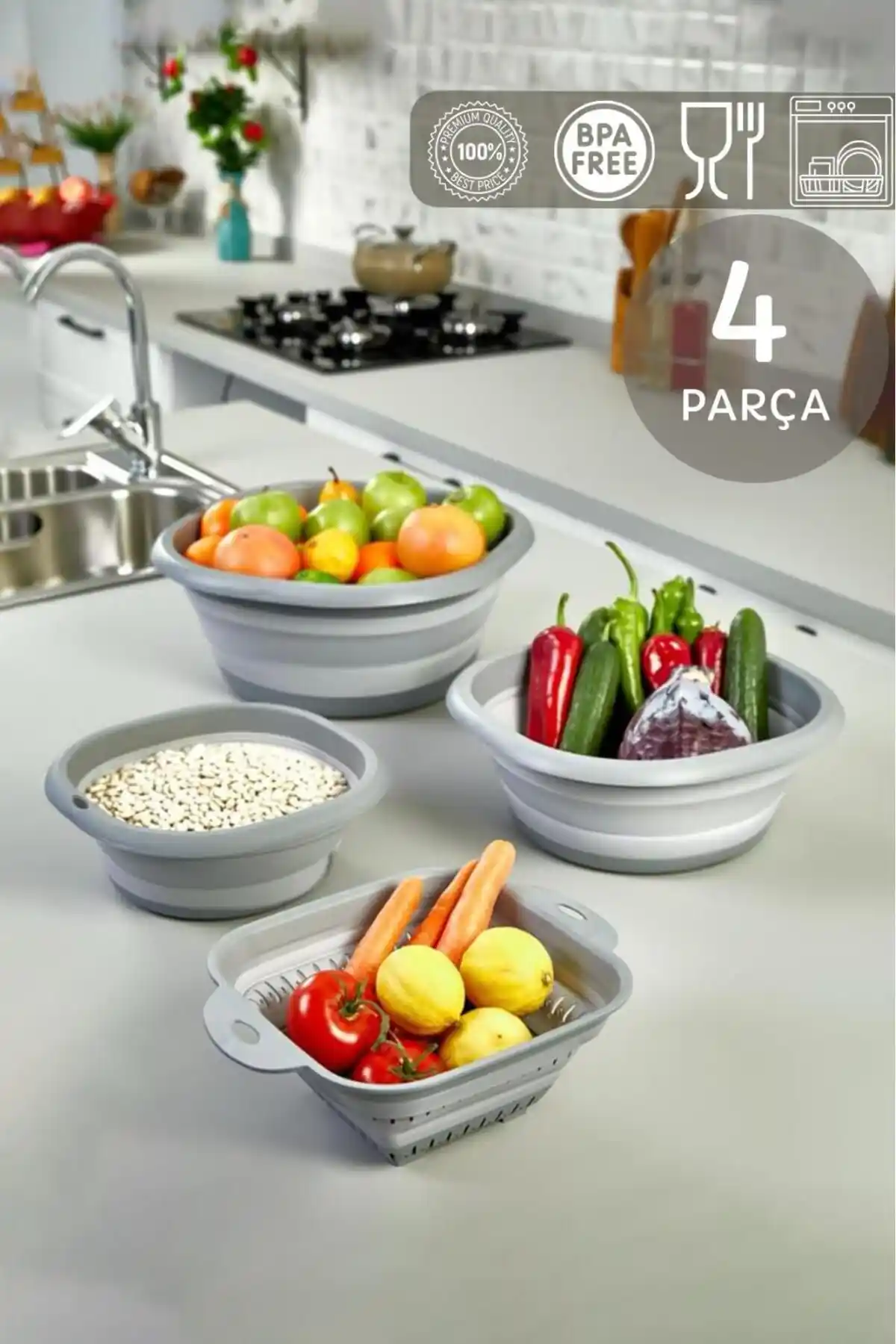 HOMENIVA 4'lü Katlanabilir Badya ve Süzgeç Seti ile Mutfakta Pratiklik ve Alan Tasarrufu