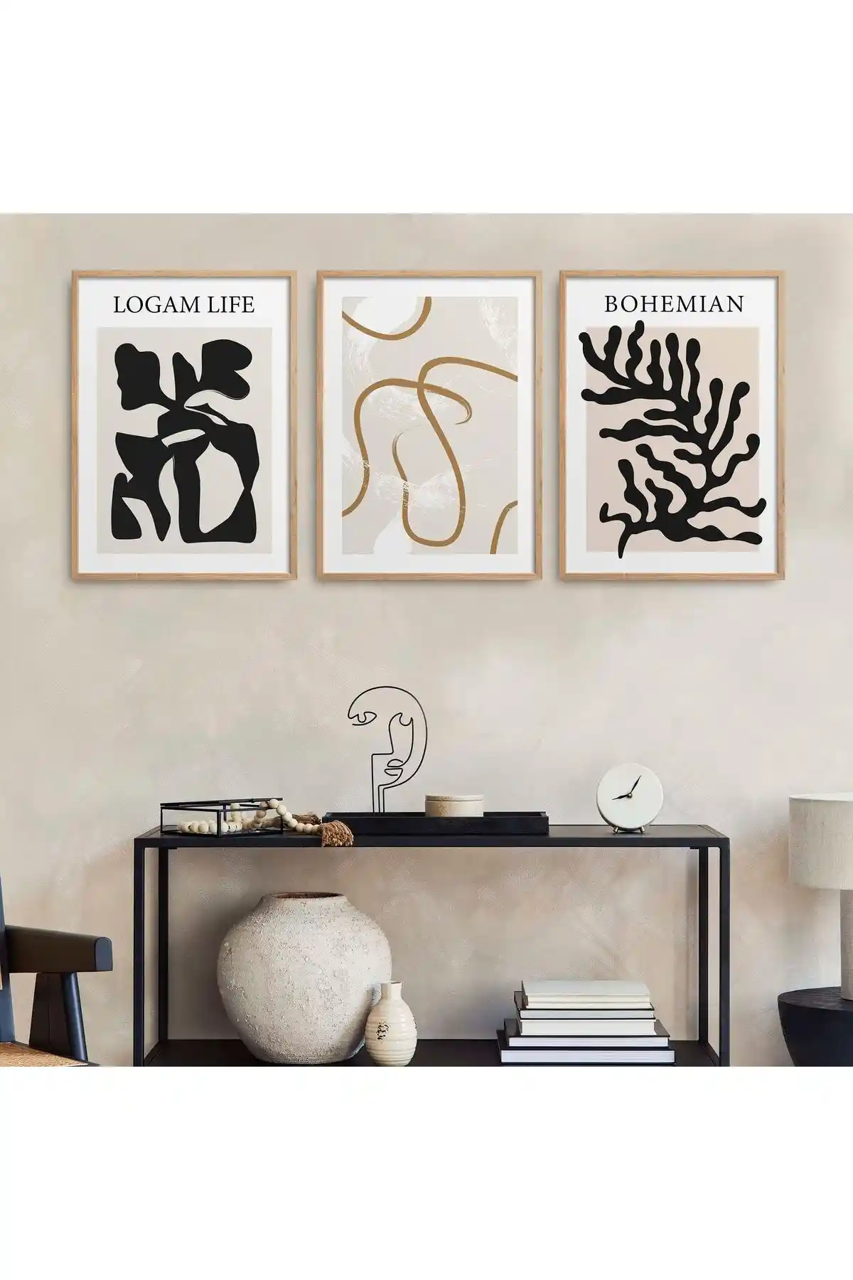 HOMEPACK Doğal Ahşap Çerçeveli 3'lü Tablo Seti Modern Dekorasyon İçin Uygun