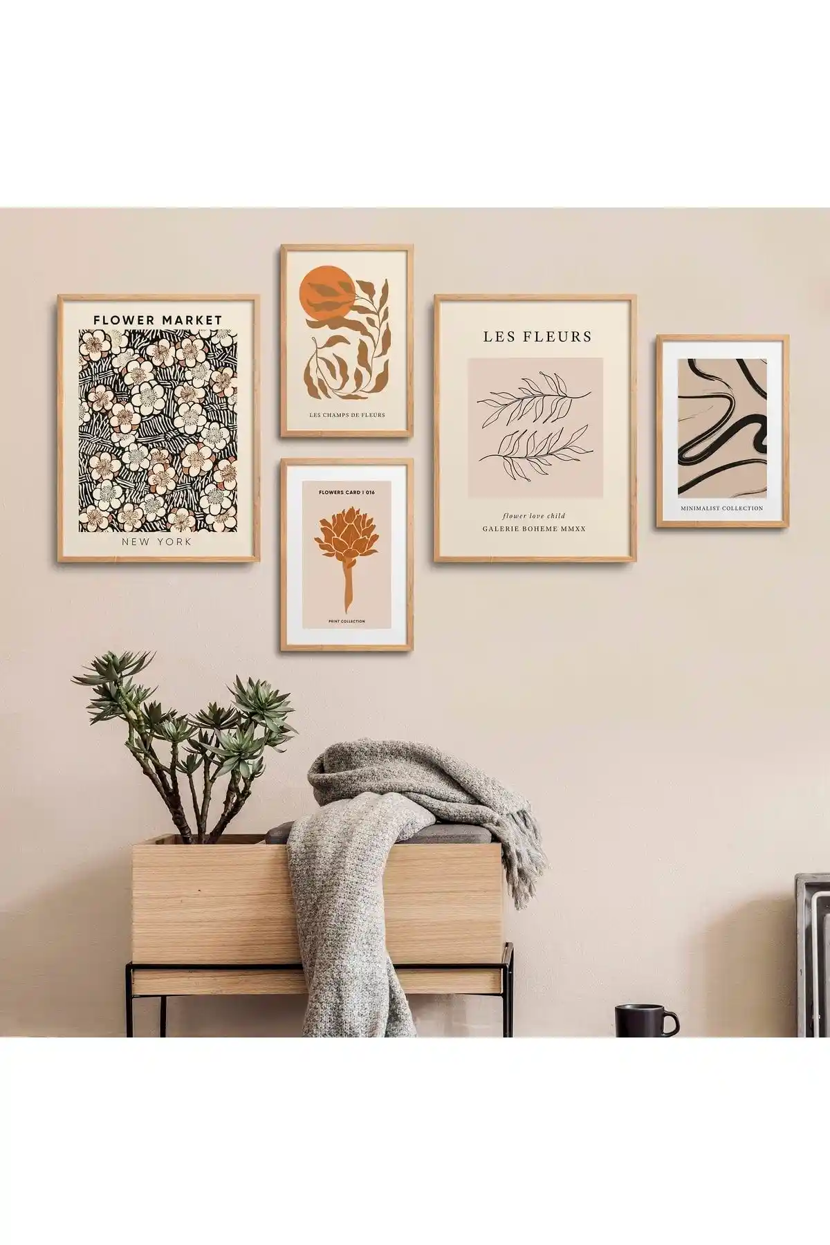 HOMEPACK Doğal Ahşap Çerçeveli 5'li Tablo Seti Modern ve Dayanıklı Dekorasyon Ürünü