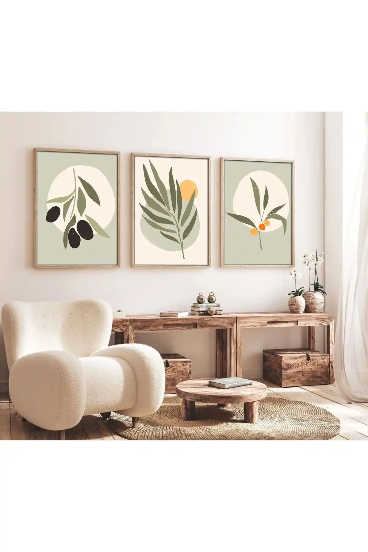 Huhuli Ahşap Çerçeveli Zeytin 3'lü Tablo Modern Dekorasyon İçin Şık Seçenek