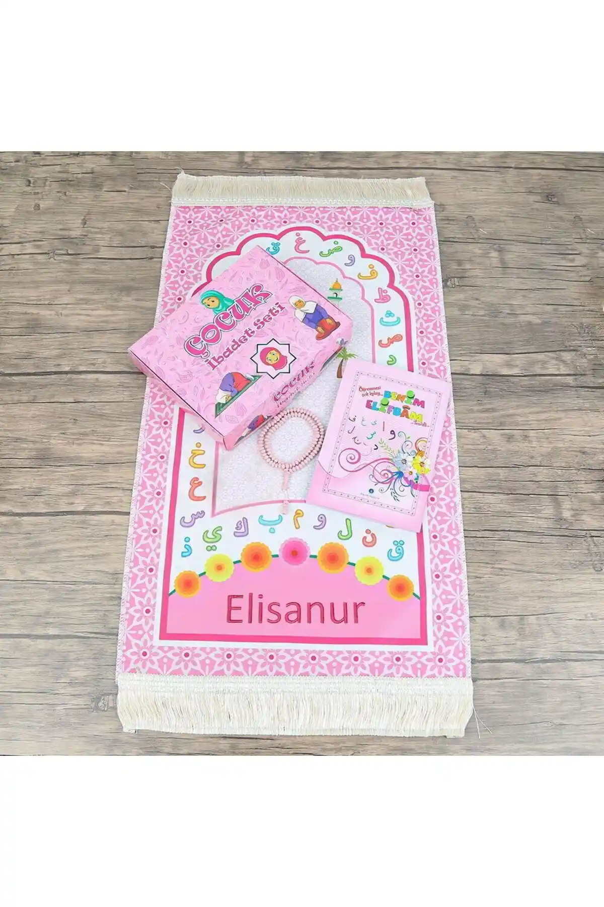 İkranur Nakışlı Isme Özel Çocuk Seccadesi ve Eğitici Kitaplı Namaz Seti