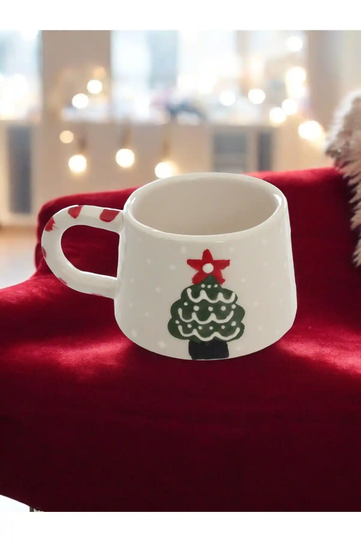 İlbay Çini Takı Yılbaşı Serisi El Yapımı Seramik Kupa 200 ml Canlı Yeşil Çam Ağacı Motifi