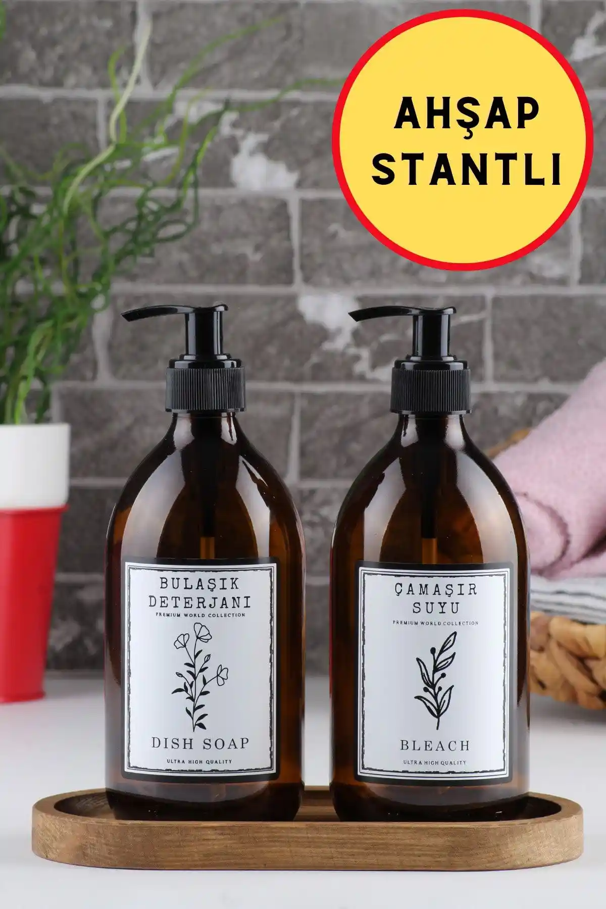 Incili Home Ahşap Stantlı Amber Cam Set: Estetik ve Fonksiyonellik Bir Arada