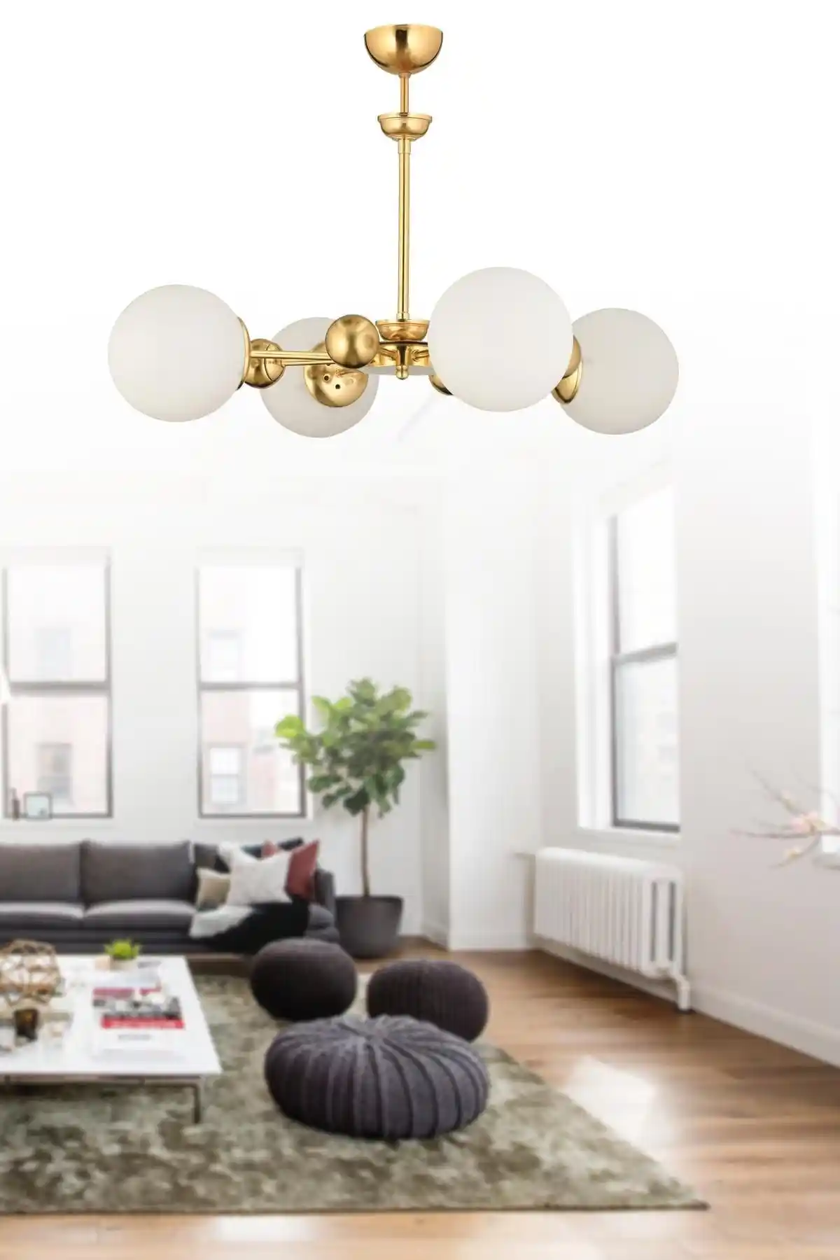 İstanbul Avize Nairobi 4'lü Gold Kasa Beyaz Glop Camlı Modern Oturma ve Salon Aydınlatması