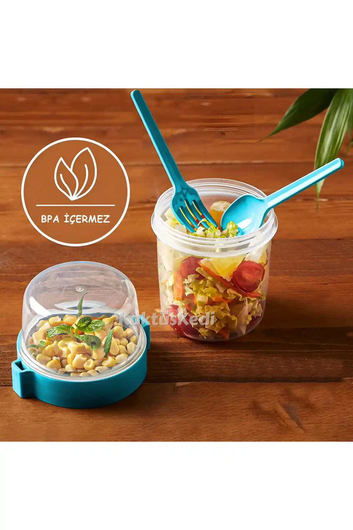 KaktüsKedi Kapaklı Kaşık ve Çatal İçeren Çok Amaçlı Saklama Kabı 650 ml Turkuaz
