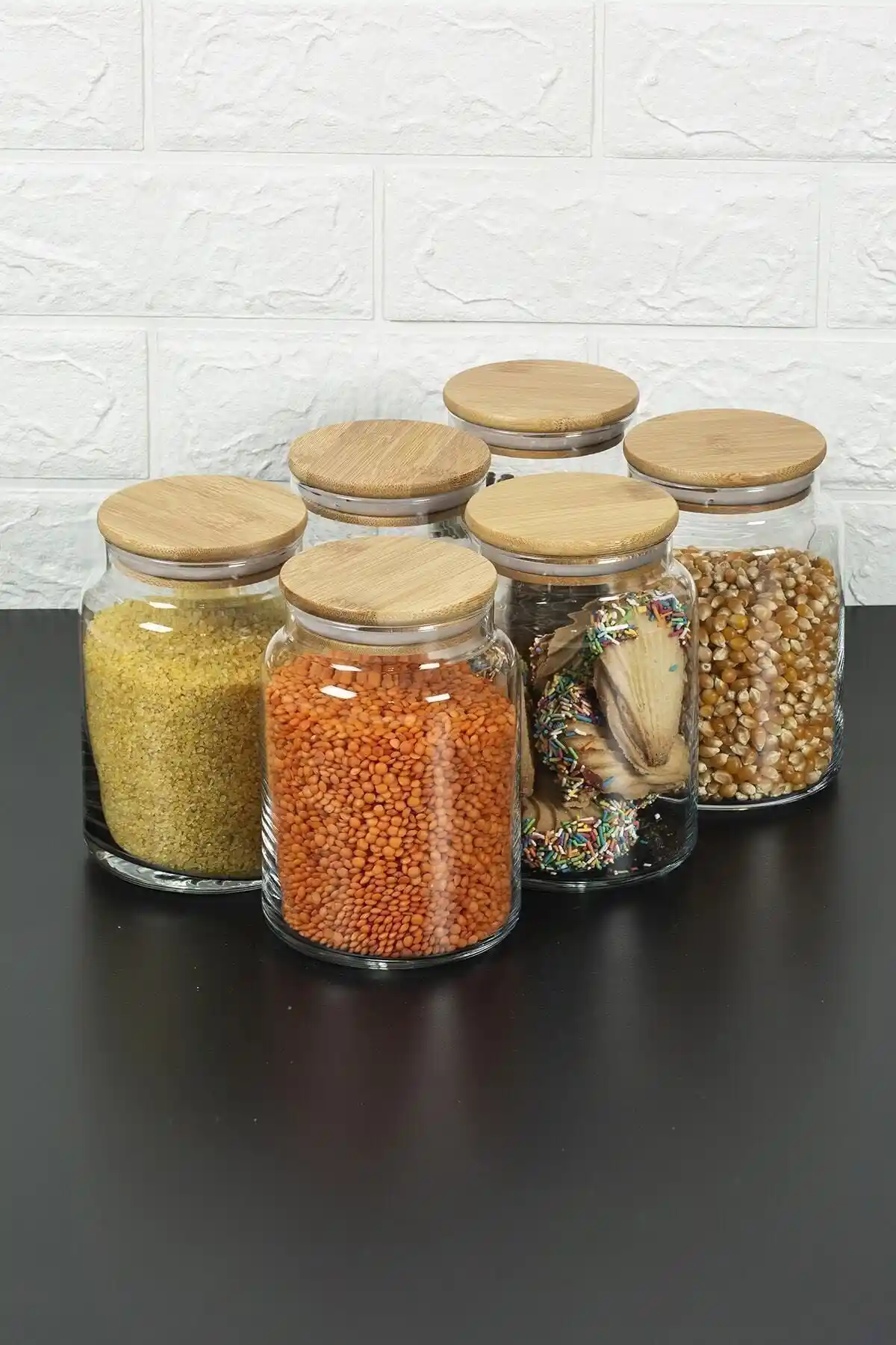 Karçiçeği Home 6'lı Bambu Kapaklı Vakumlu Cam Kavanoz Baharat Takımı 1000 ml