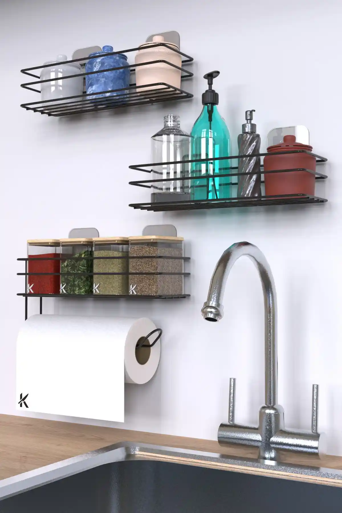 KARTEYA Yapışkanlı Metal Mutfak ve Banyo Rafı Seti Modern Tasarım ve Yüksek Dayanıklılık