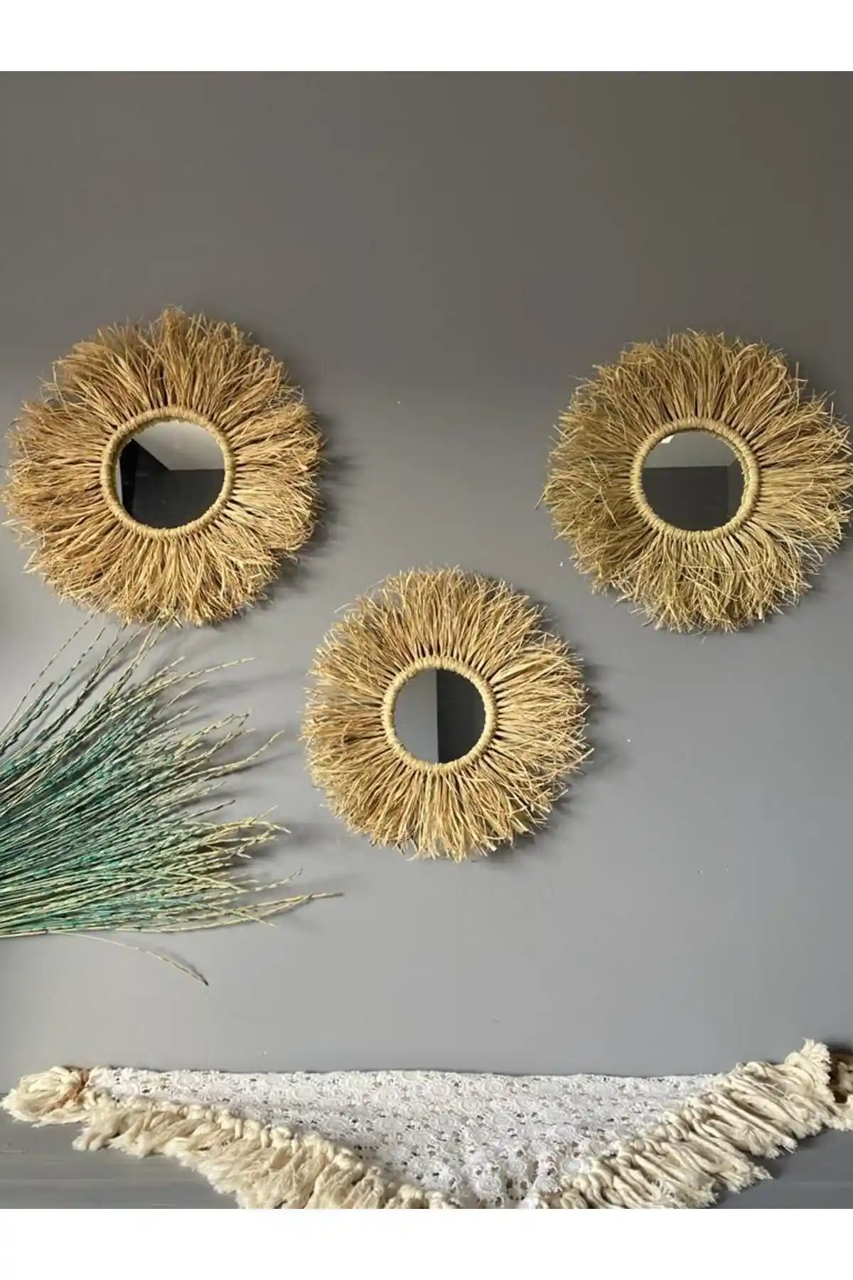 Kattuna 3’lü Rafya Ayna Seti Doğal ve Şık Tasarımıyla Modern Dekorasyonlara Uyum Sağlar