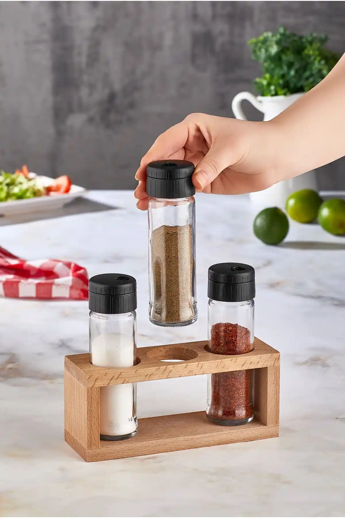 Kenpool 3’lü Ahşap Standlı Baharat Takımı - Şık ve Fonksiyonel Mutfak Aksesuarı