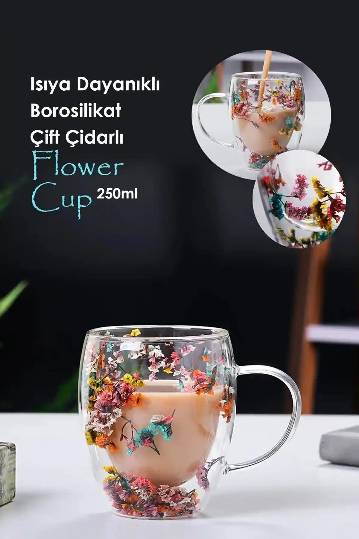 Keyfi Sepet Isıya Dayanıklı Borosilikat Çift Çidarlı Flower Cup İnce Tasarım ve Fonksiyonellik