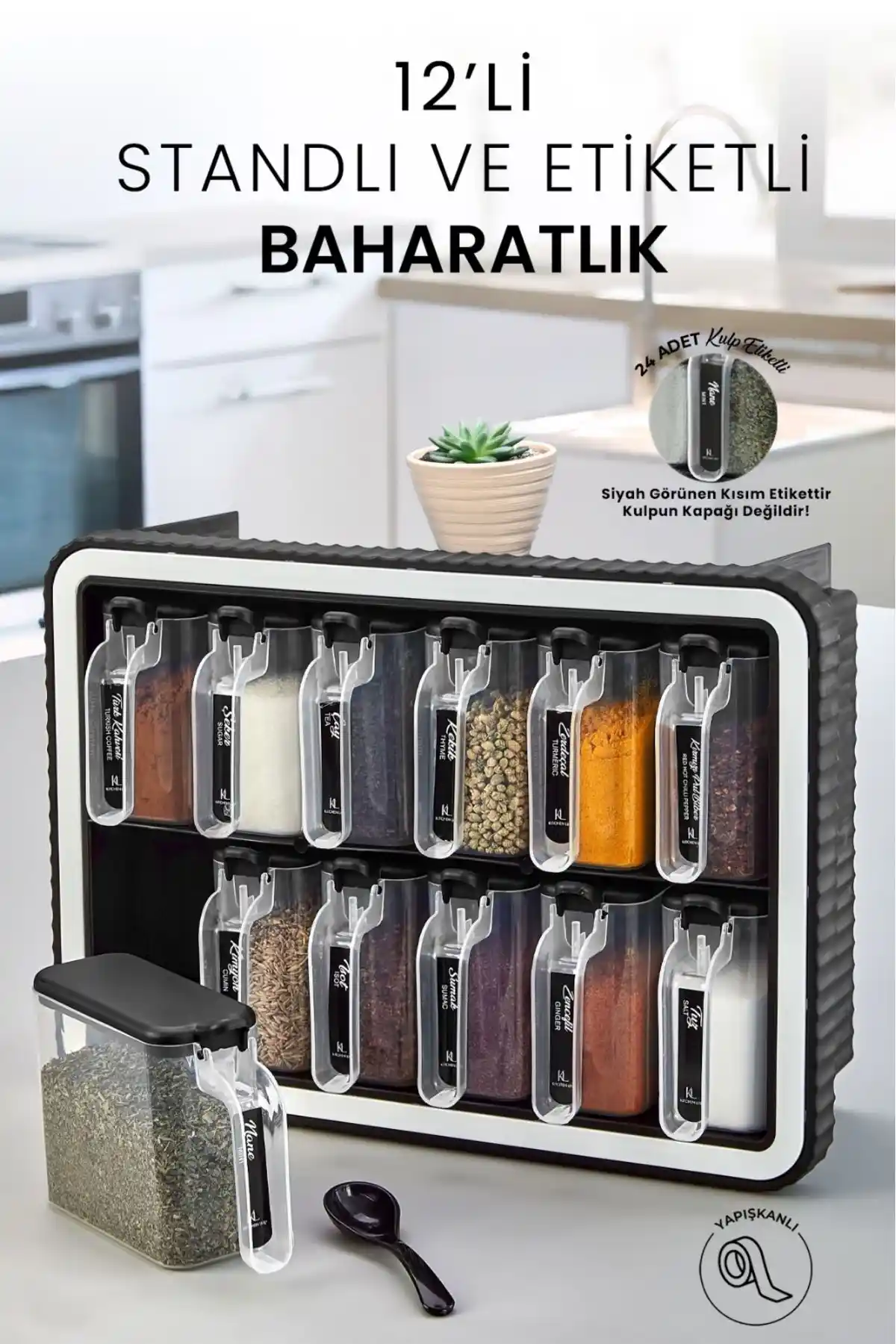 Kitchen Life 12'li Kendinden Yapışkanlı Baharatlık Takımı Modern ve Şık Mutfak Çözümü