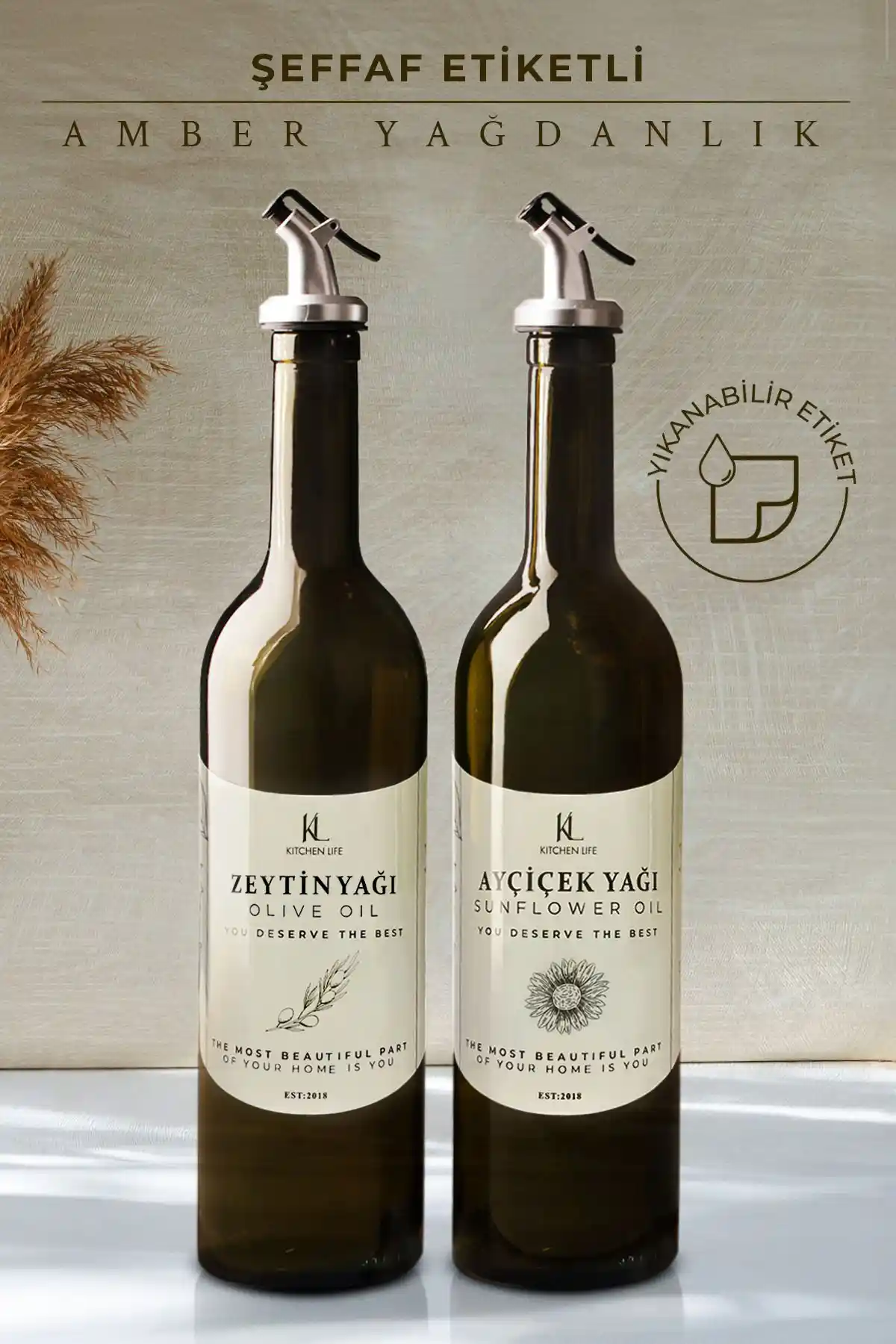 Kitchen Life Amber 2'li Cam Zeytinyağı ve Sıvıyağ Şişesi Seti Estetik ve Fonksiyonel Tasarım