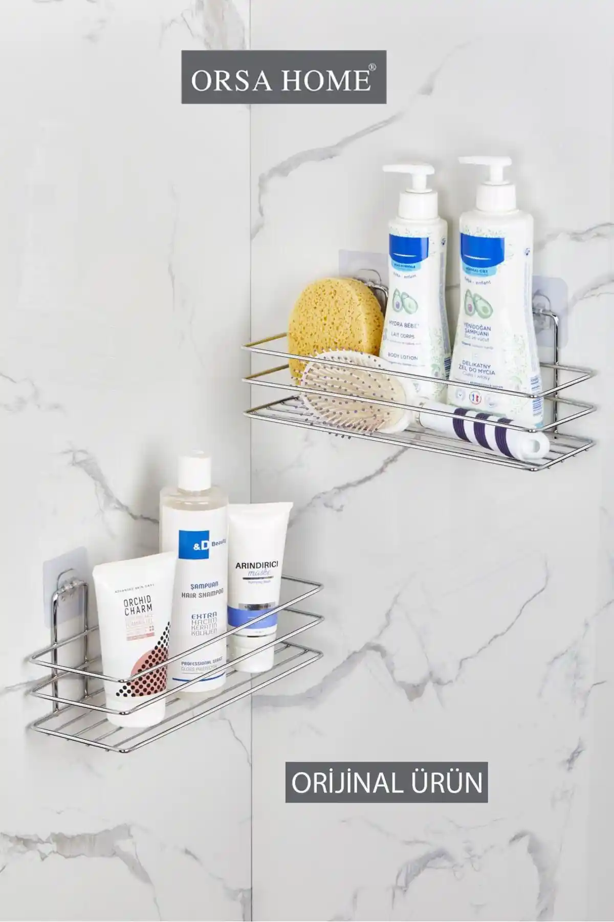 Krom Kaplamalı Yapışkanlı Banyo Rafı 2'li Set Modern ve Pratik Kullanım İçin