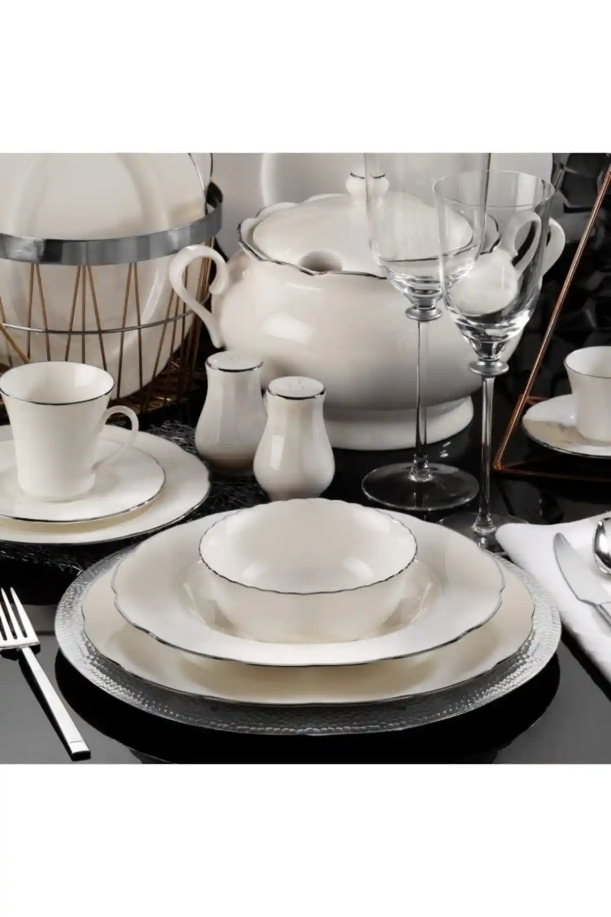 Kütahya Porselen Bone Olympos 83 Parça Platin File Yemek Takımı, Modern ve Dayanıklı Tasarım