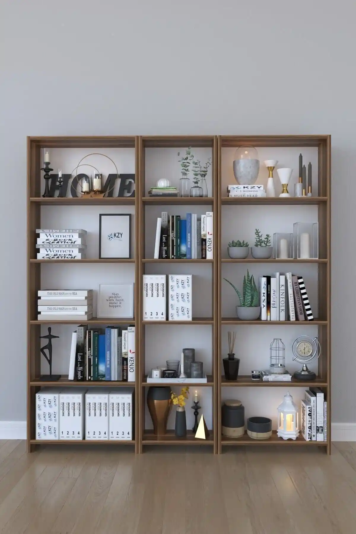 Kzy Mobilya 5 Raflı Geniş Kitaplık Ceviz Renkli Modern Tasarım ve İşlevsellik