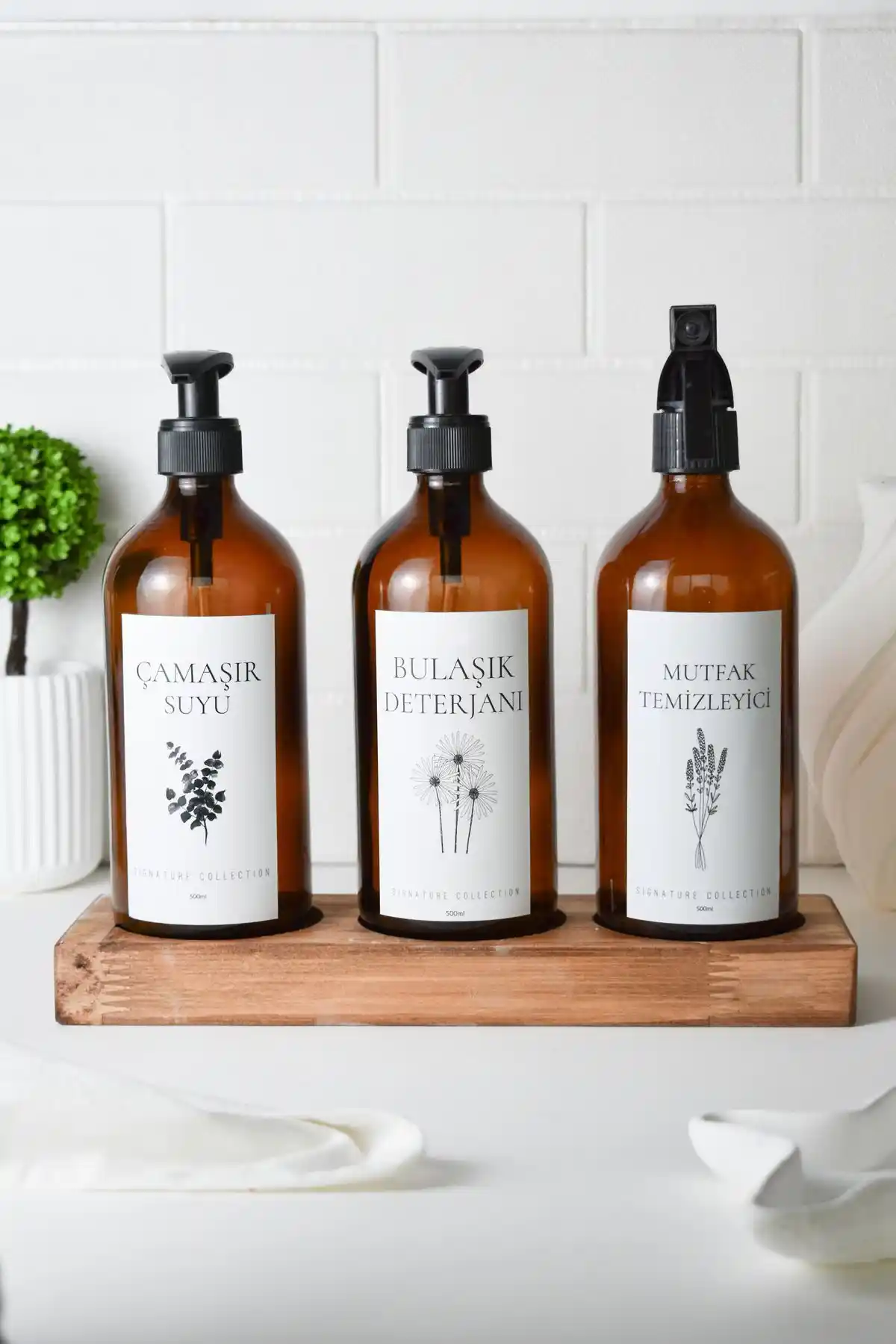LALEZEN HOME Ahşap Standlı Cam Şişe Mutfak ve Çamaşır Temizleyici 500 ml