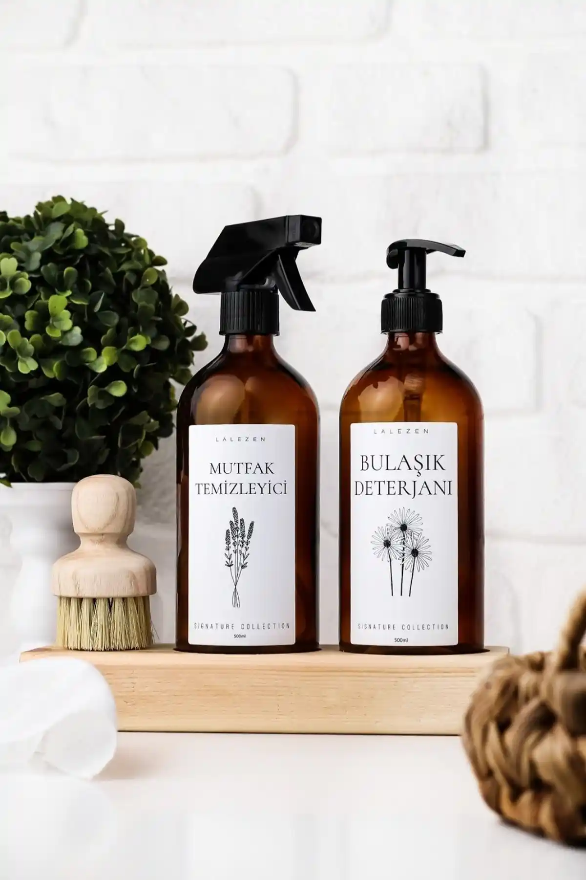 LALEZEN HOME Ahşap Standlı Fırçalı Bulaşık Deterjanı ve Mutfak Temizleyici Ürünleri