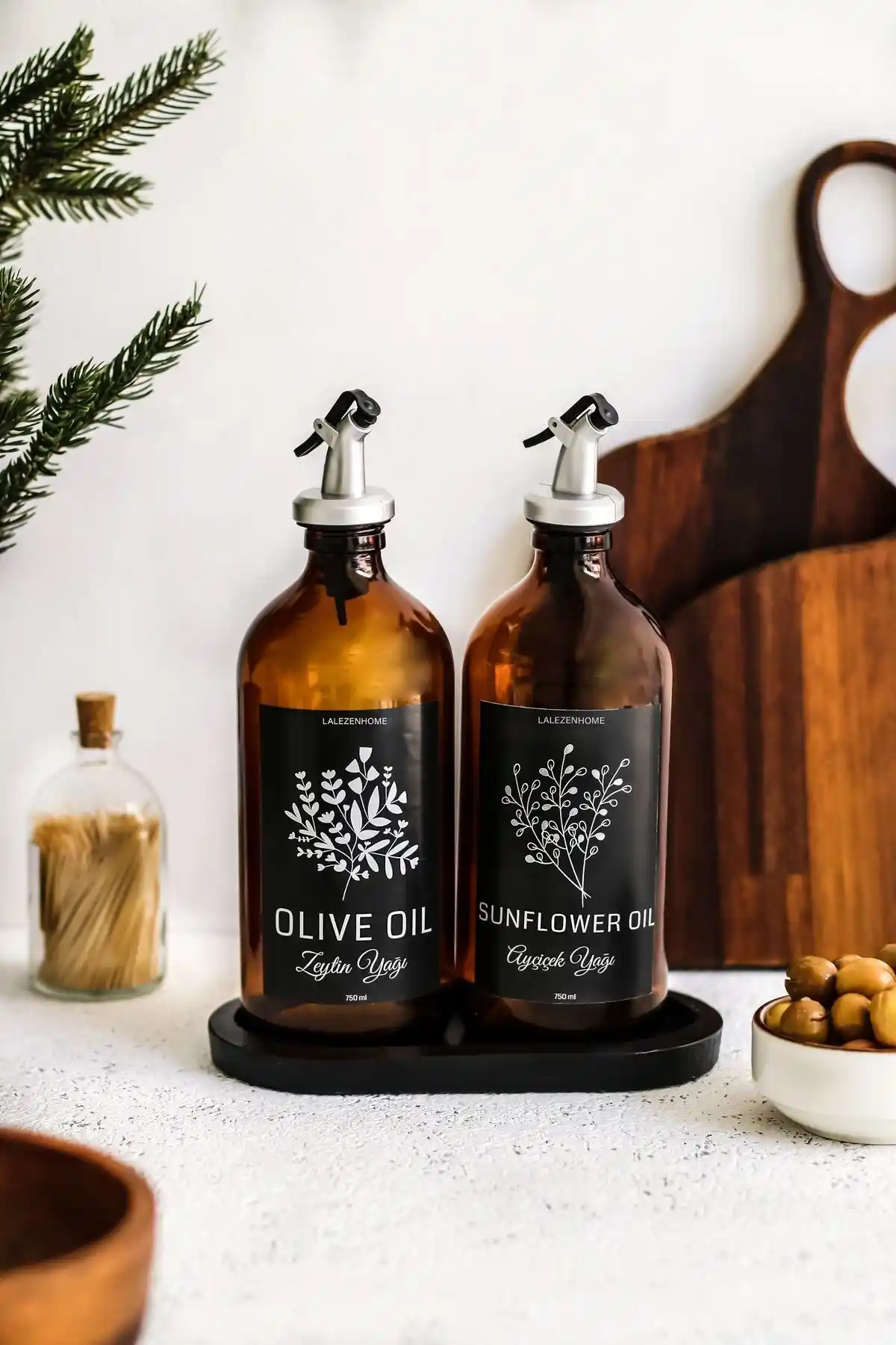 Lalezen Home Siyah Şişe Şekli Değişmiş Amber Sıvıyağ ve Zeytinyağı Seti 2'li modern tasarım