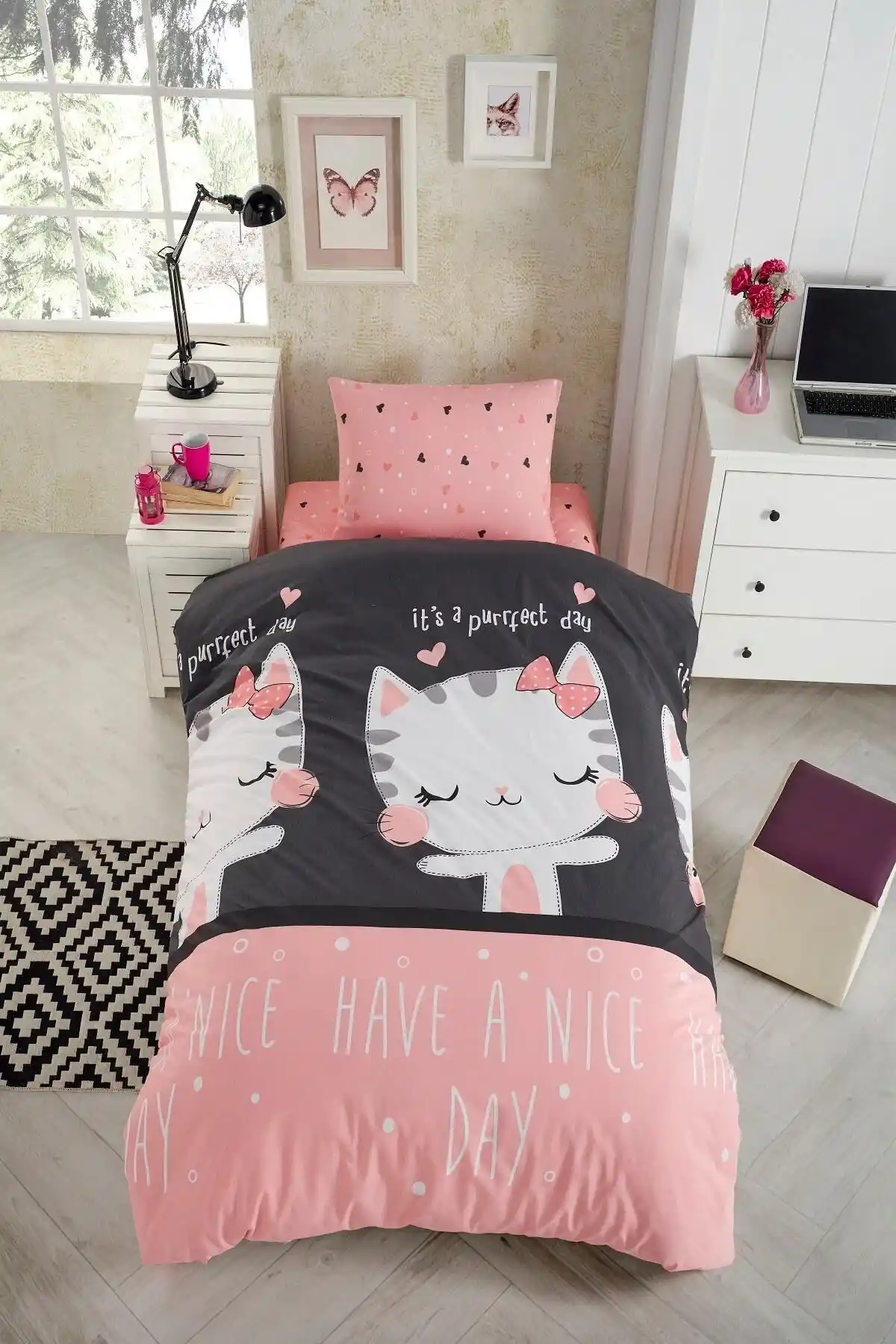 LaLiva Kedi Desenli Pamuklu Çocuk Nevresim Takımı Tek Kişilik Yatak İçin