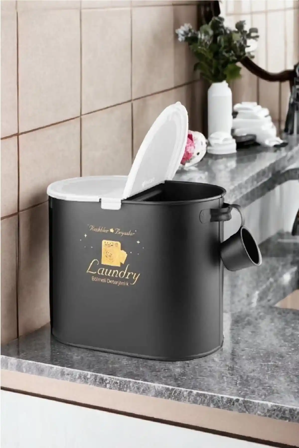 Laundry Metal Bölmeli Deterjan Kutusu Siyah 12 Lt - Dayanıklı ve Şık Tasarım