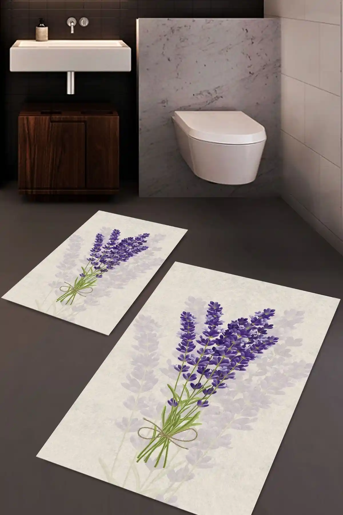 Lavanta Desenli Banyo Halı Takımı 60x100 ve 40x60 cm ile Şıklık ve Konfor Sunar