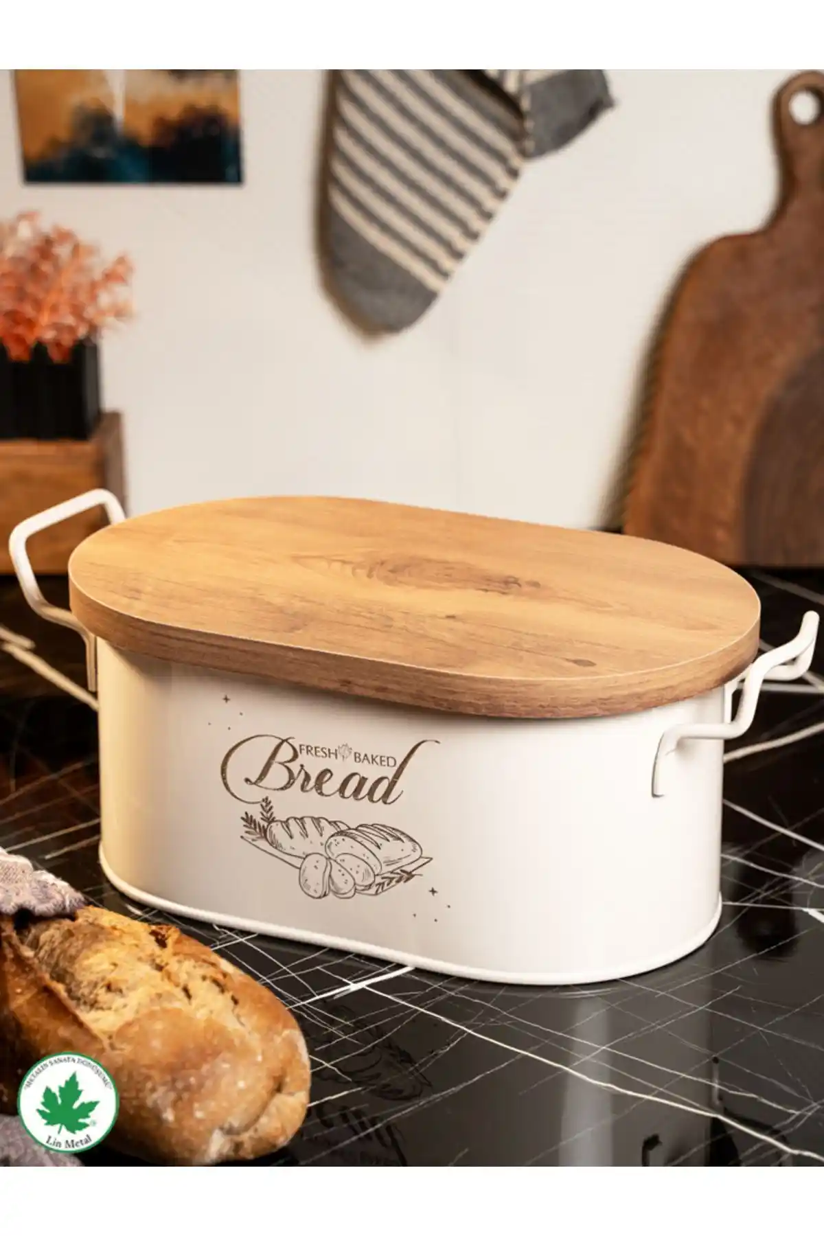 Lin Metal Ahşap Kapaklı Tel Kulplu Metal Ekmeklik: Şık ve Dayanıklı Mutfak Dekorasyonu Ürünü