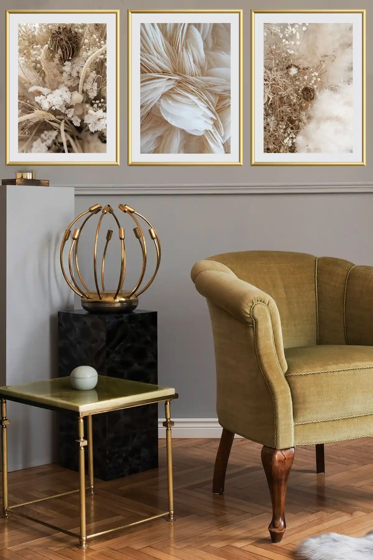 Linacci Üçlü Metal Gold Alüminyum Cam Poster Tablo Seti Modern Salon Dekorasyonu İçin