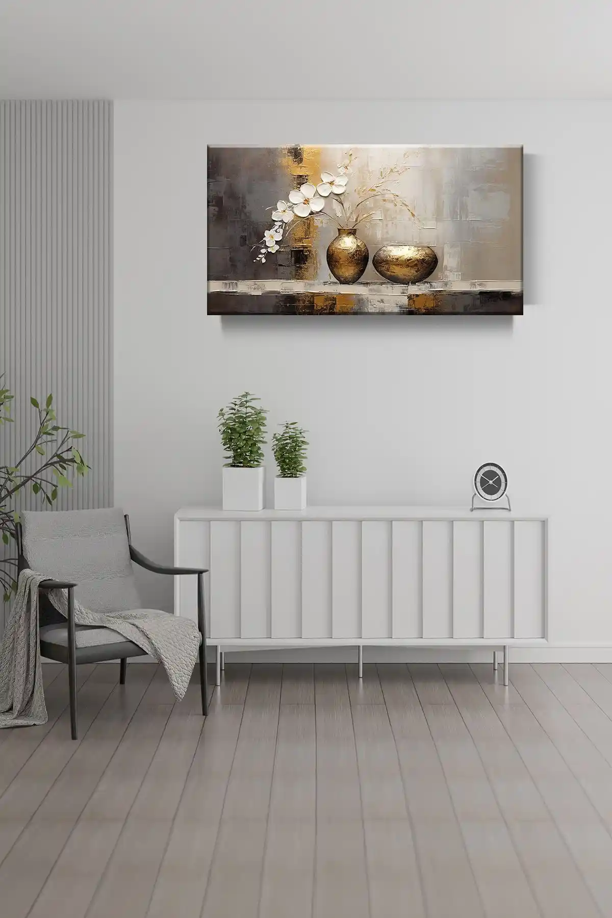 Mega Reyon Yağlı Boya Efektli Saksıda Çiçekler Kanvas Tablo Modern Dekorasyon İçin