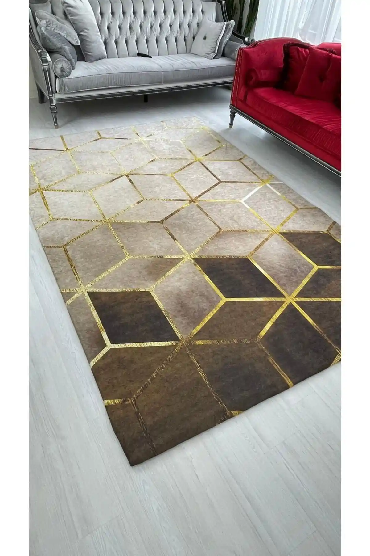 MEKA TEKSTİL Kahve Piramit Model Ipek Kadife Halı Örtüsü Modern ve Şık Tasarım