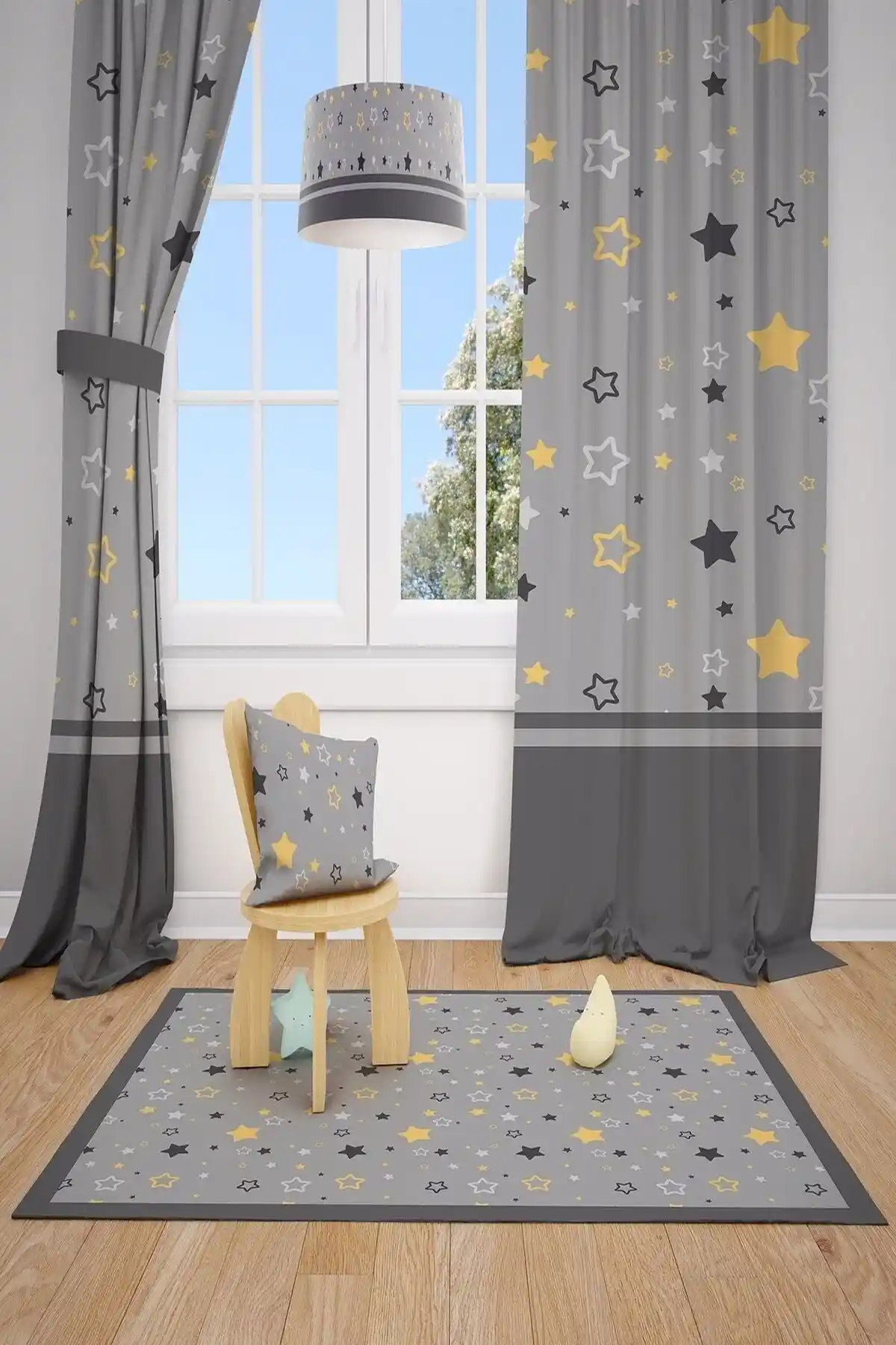MEKTA HOME Gri Yıldızlar Çocuk ve Bebek Odası Fon Perdesi Modern ve Dayanıklı Tasarım