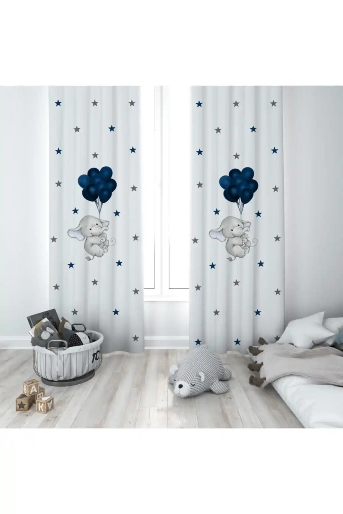 MEKTA HOME Lacivert Balon ve Fil Çocuk ve Bebek Odası Fon Perde Şıklık ve Fonksiyonellik Bir Arada